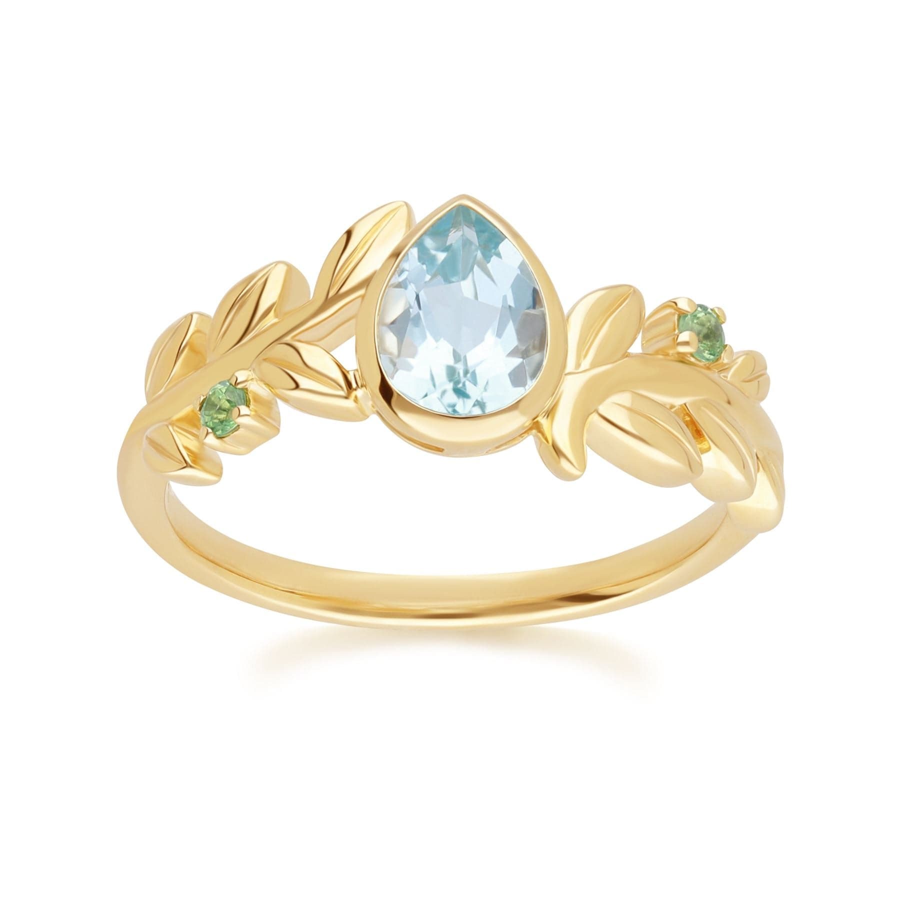 Product photograph of O Leaf Sky Blue Topaz Tsavorite Ring In 9ct Yellow Gold from Gemondo Jewellery