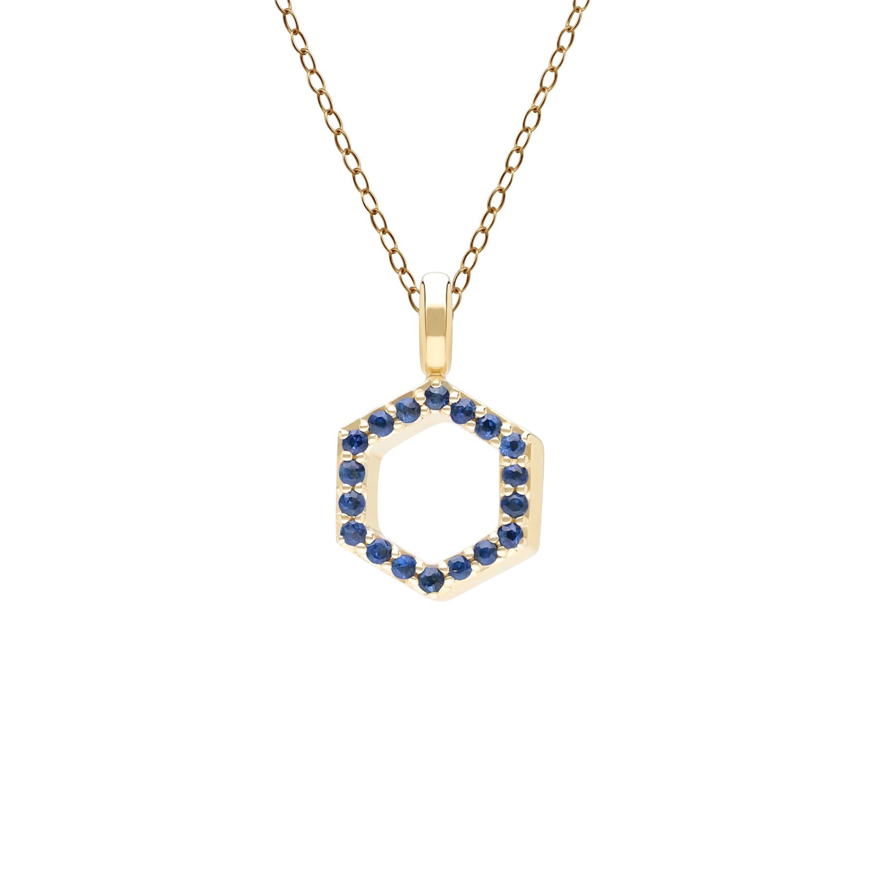 Product photograph of Geometric Hex Sapphire Pendant Necklace In 9ct Yellow Gold from Gemondo Jewellery