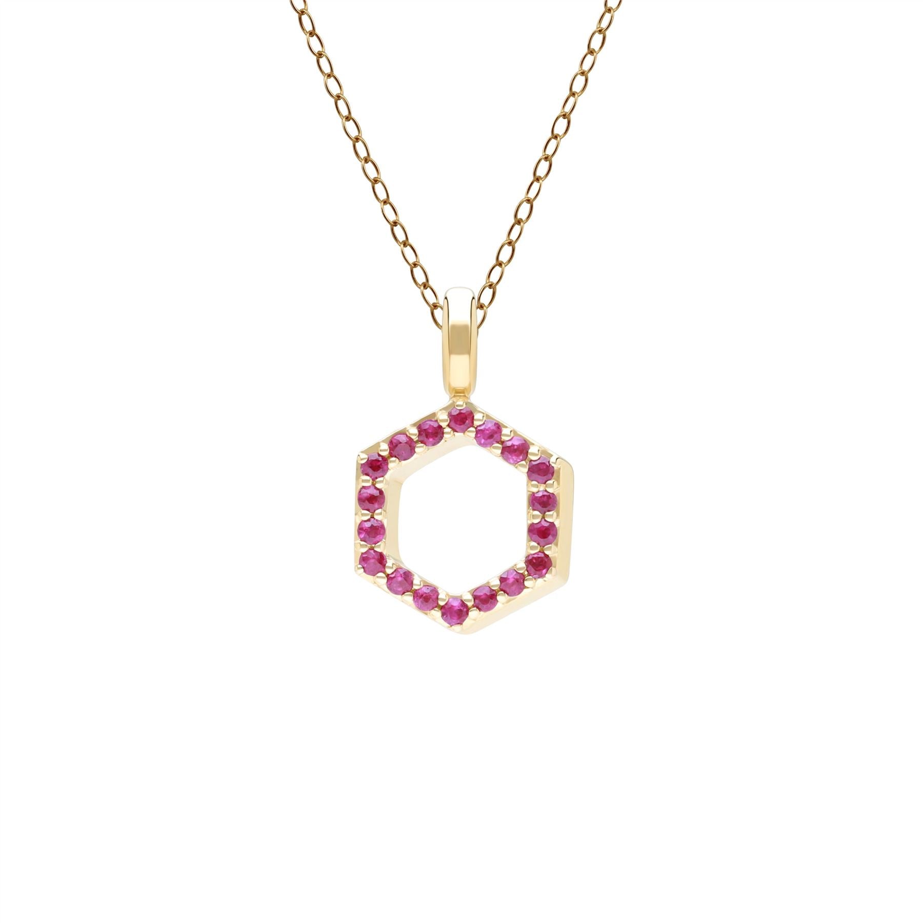 Product photograph of Geometric Hex Ruby Pendant Necklace In 9ct Yellow Gold from Gemondo Jewellery