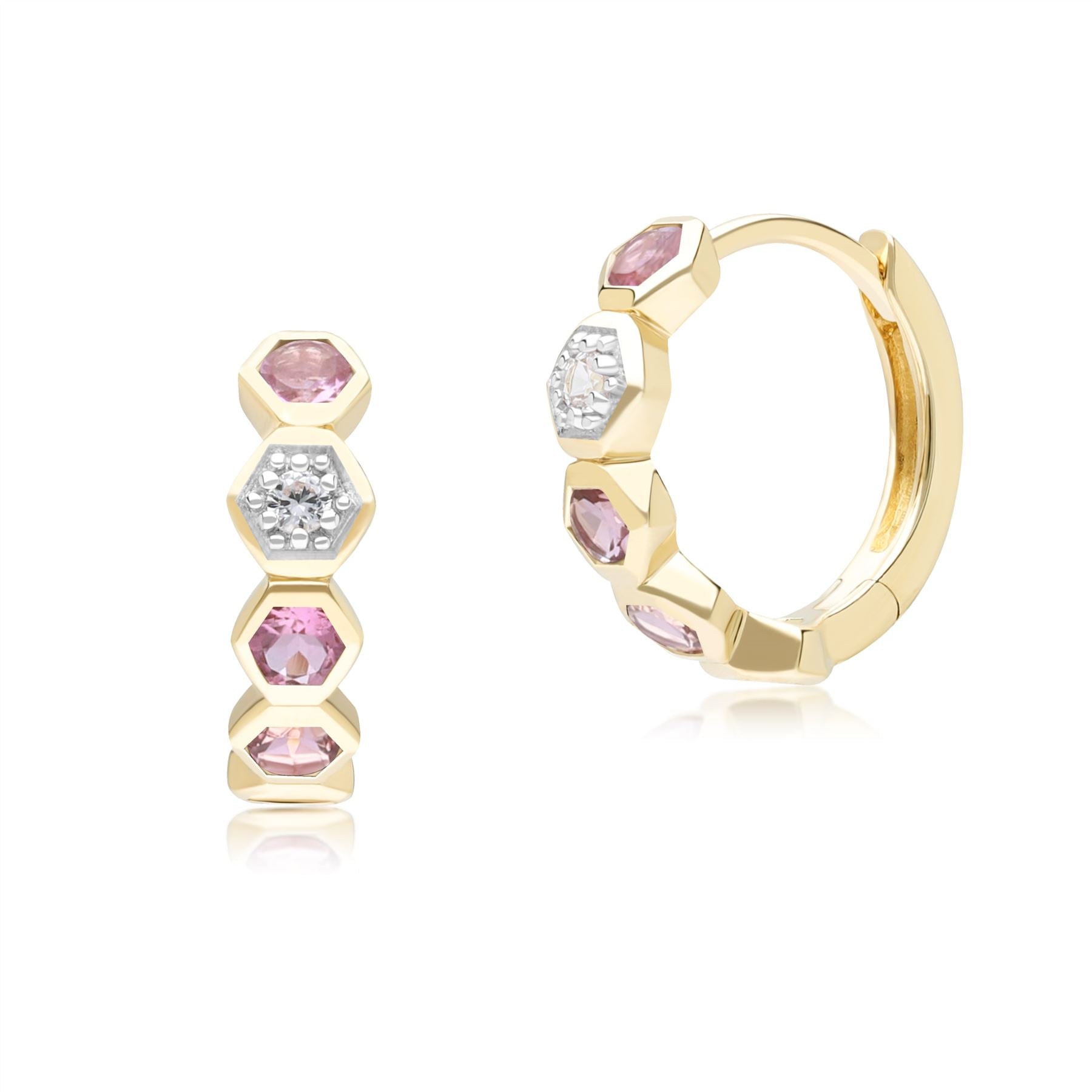 Image of Geometric Round Pink Tourmaline and Sapphire Hoop Earrings in 9ct Yellow Gold