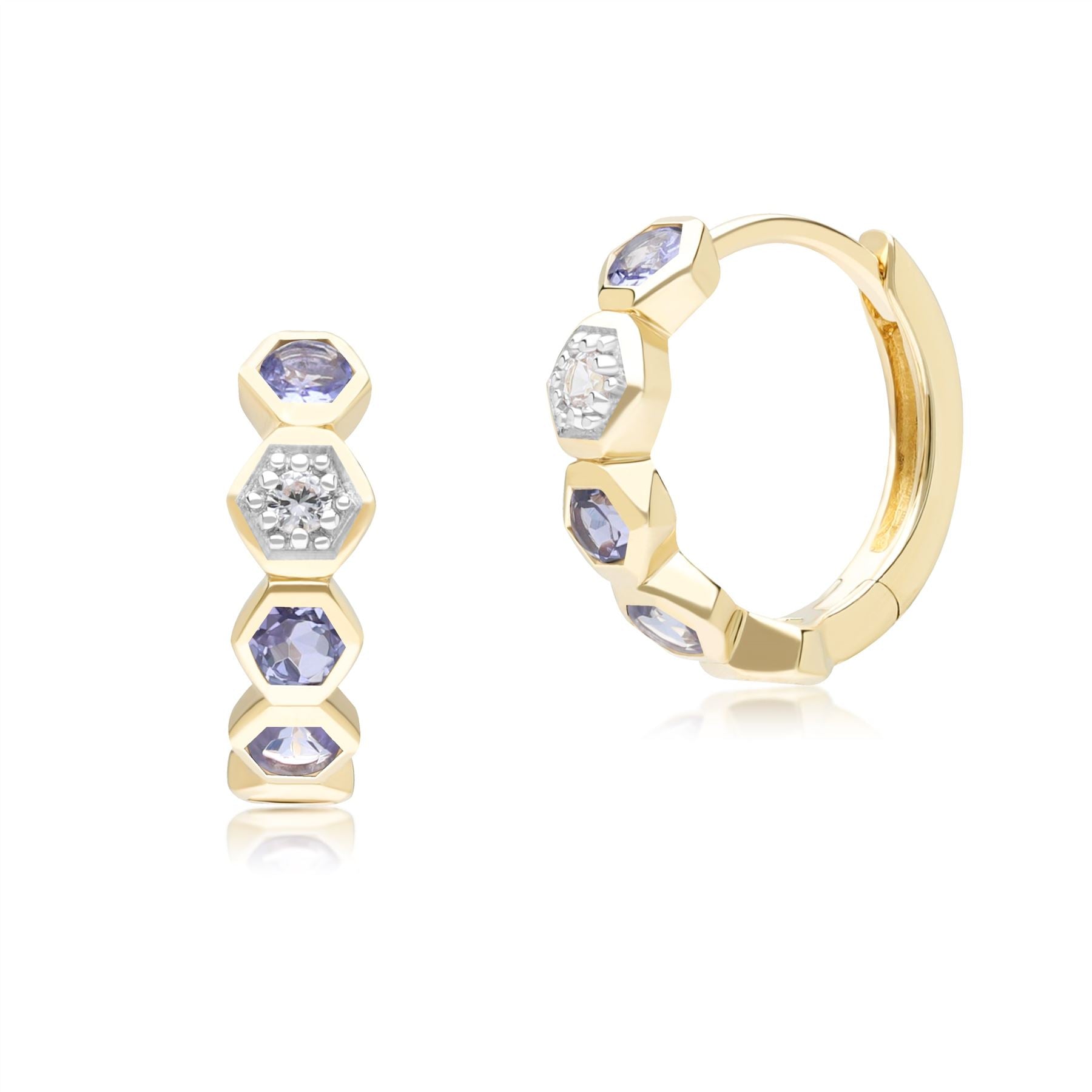 Product photograph of Geometric Round Tanzanite And Sapphire Hoop Earrings In 9ct Yellow Gold from Gemondo Jewellery