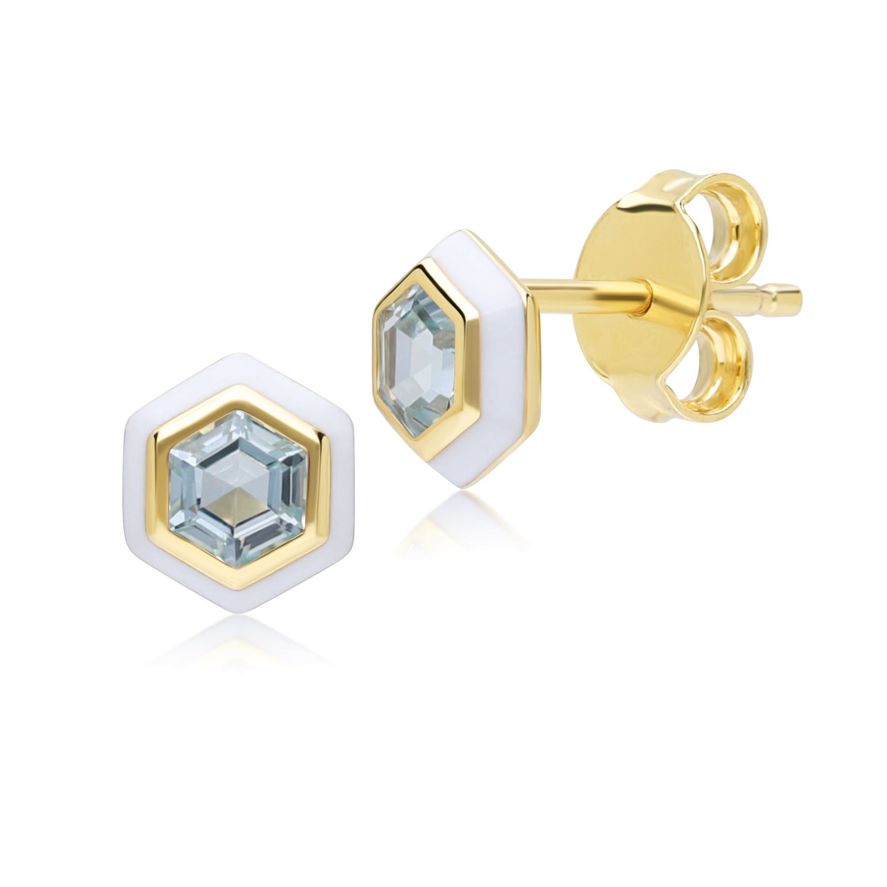 Image of Geometric Hex Blue Topaz and White Enamel Stud Earrings in Gold Plated Sterling Silver