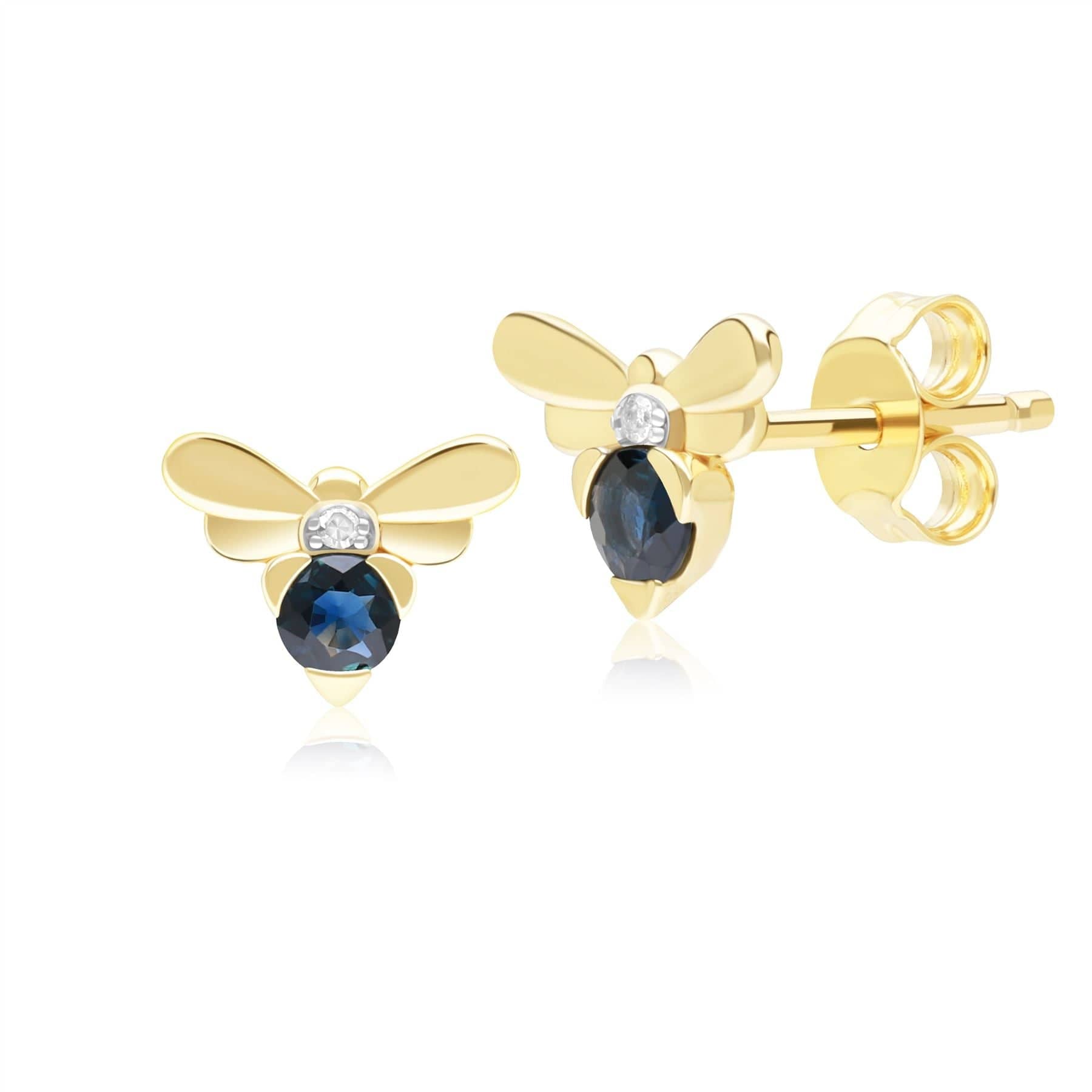 Product photograph of Honeycomb Inspired Blue Sapphire And Diamond Bee Stud Earrings In 9ct Yellow Gold from Gemondo Jewellery