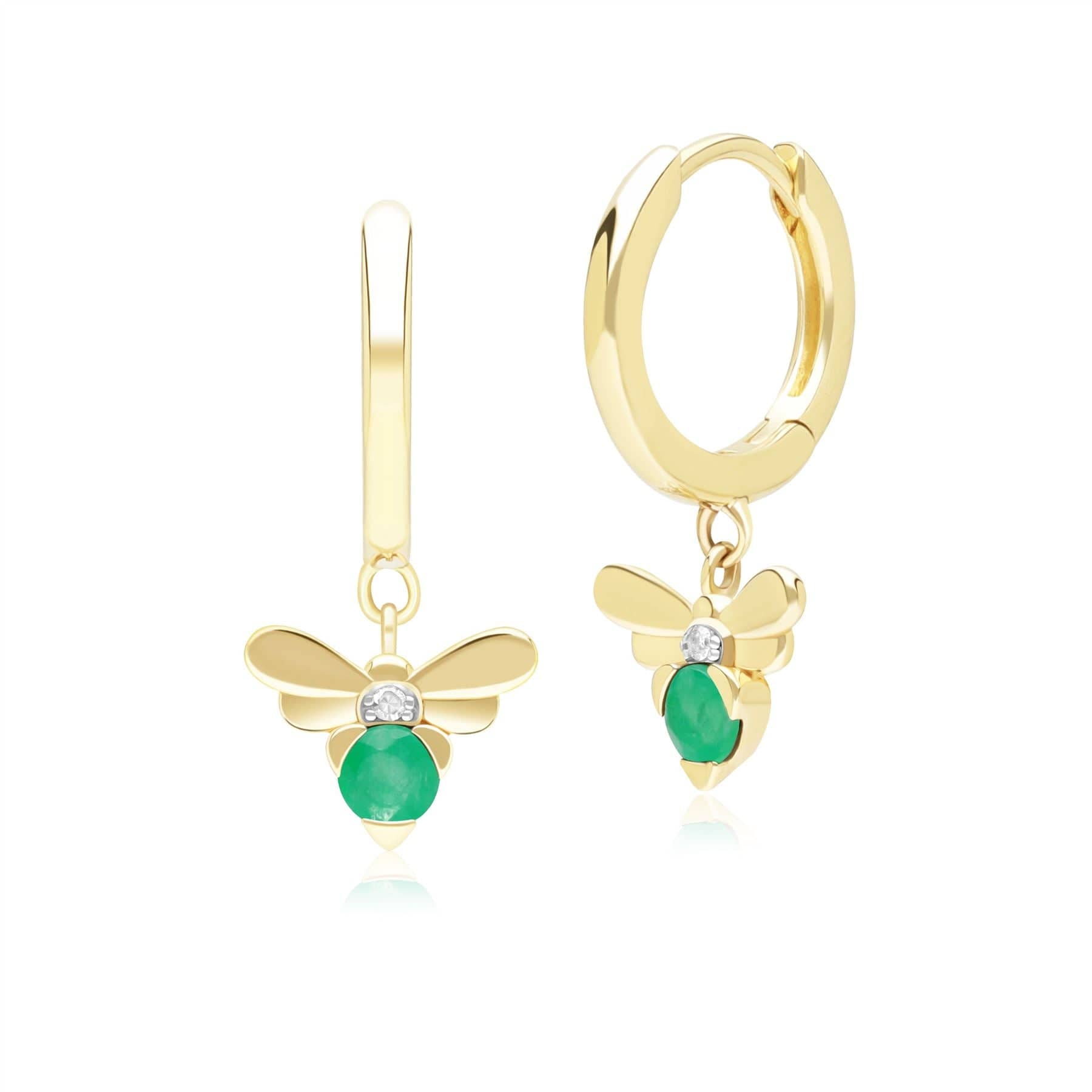 Image of Honeycomb Inspired Emerald and Diamond Bee Hoop Earrings in 9ct Yellow Gold