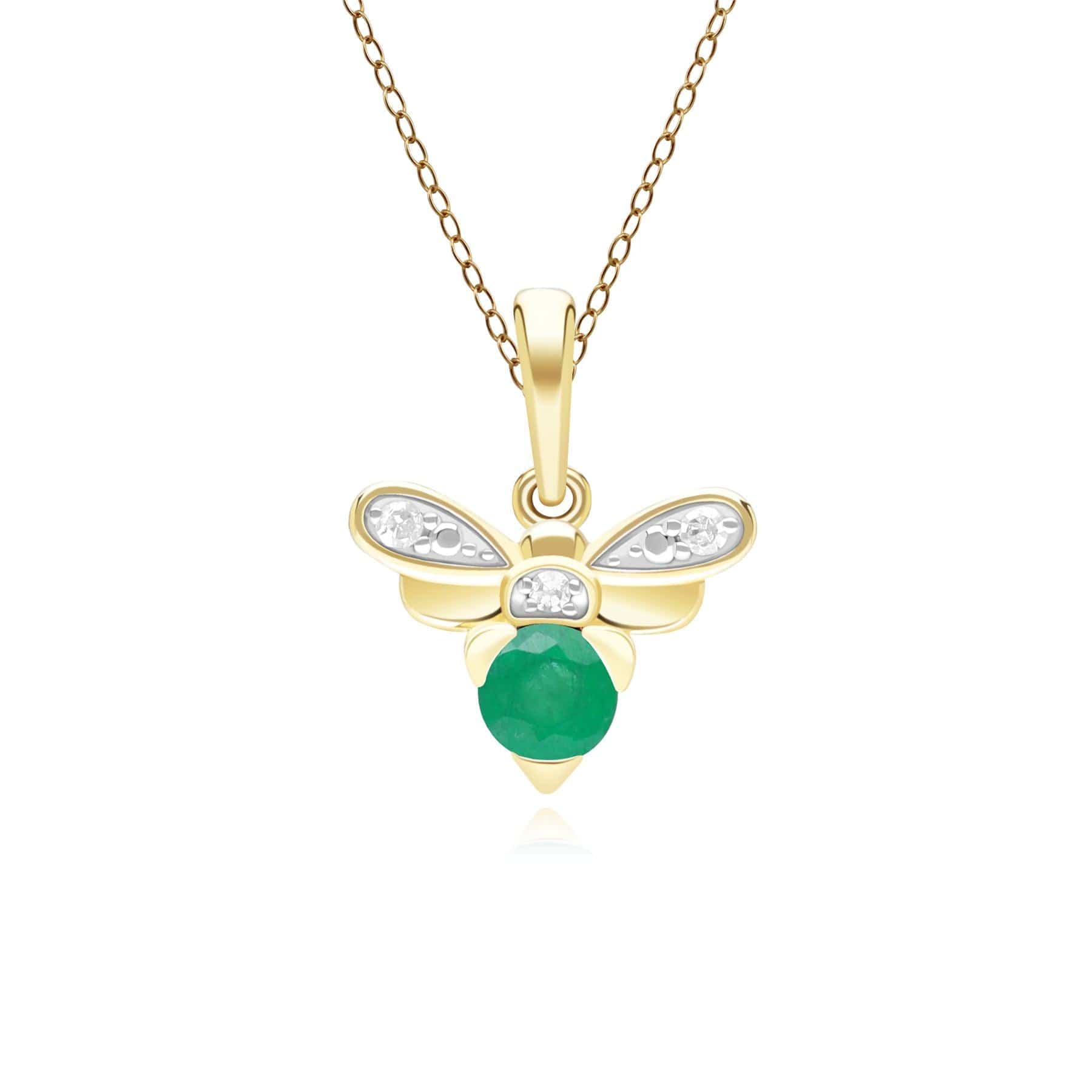 Product photograph of Honeycomb Inspired Emerald And Diamond Bee Pendant Necklace In 9ct Yellow Gold from Gemondo Jewellery