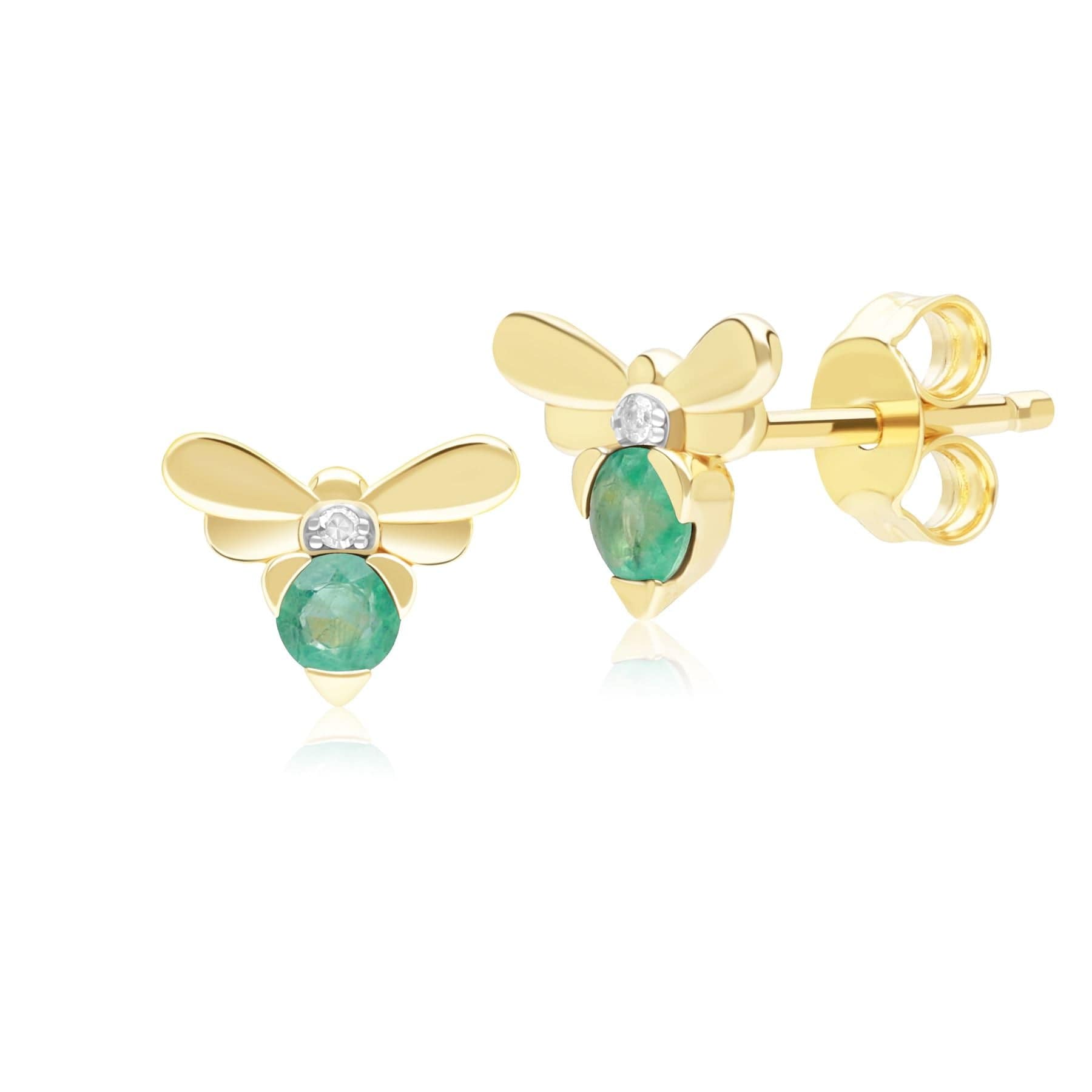 Product photograph of Honeycomb Inspired Emerald And Diamond Bee Stud Earrings In 9ct Yellow Gold from Gemondo Jewellery