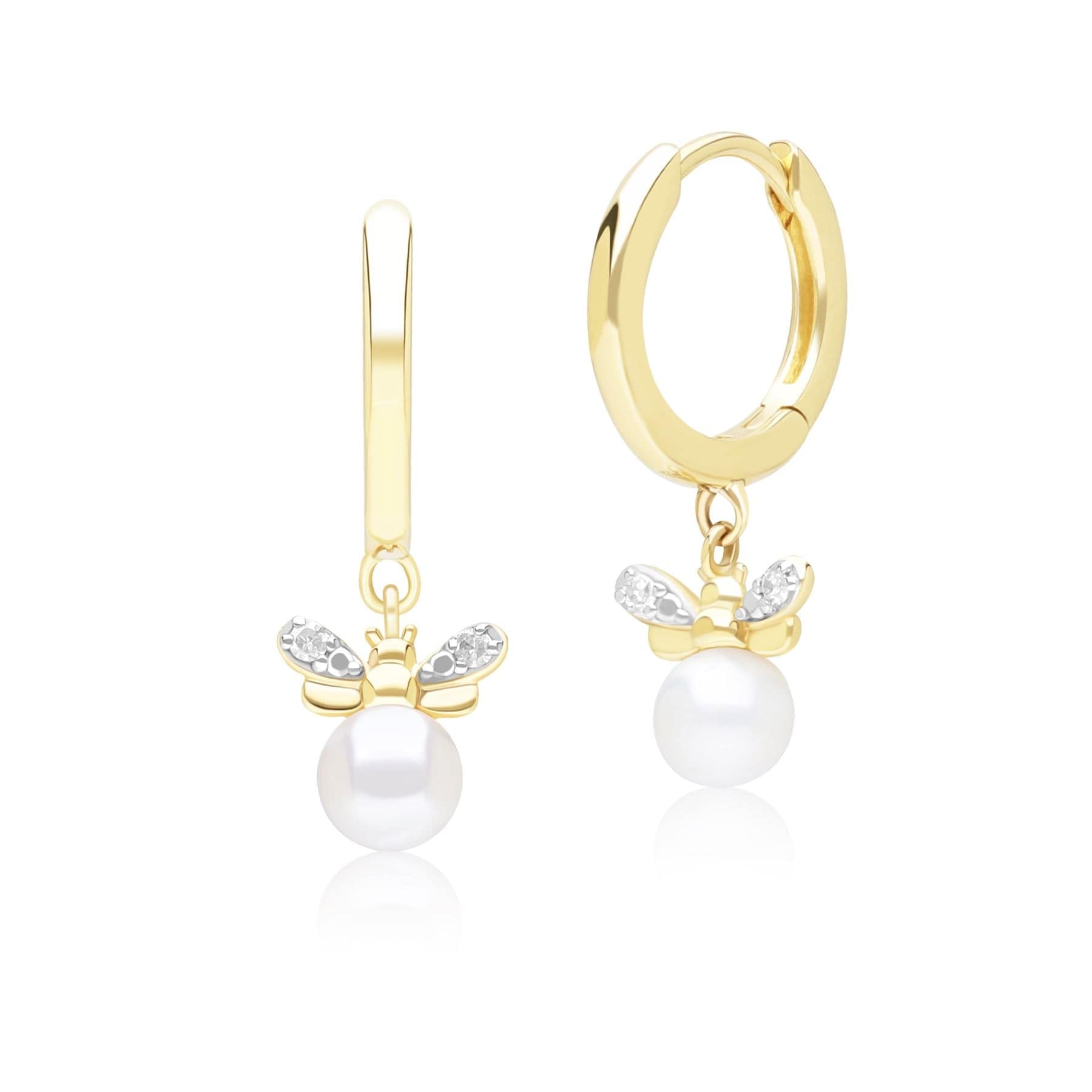 Image of Honeycomb Inspired Pearl and Diamond Bee Hoop Earrings in 9ct Yellow Gold