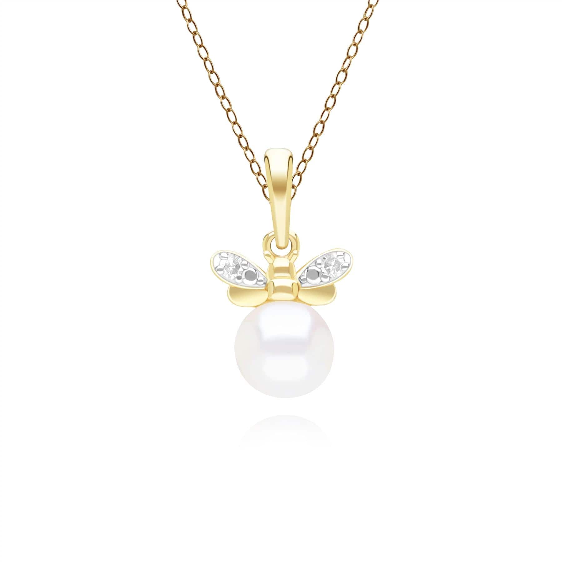 Product photograph of Honeycomb Inspired Pearl And Diamond Bee Pendant Necklace In 9ct Yellow Gold from Gemondo Jewellery