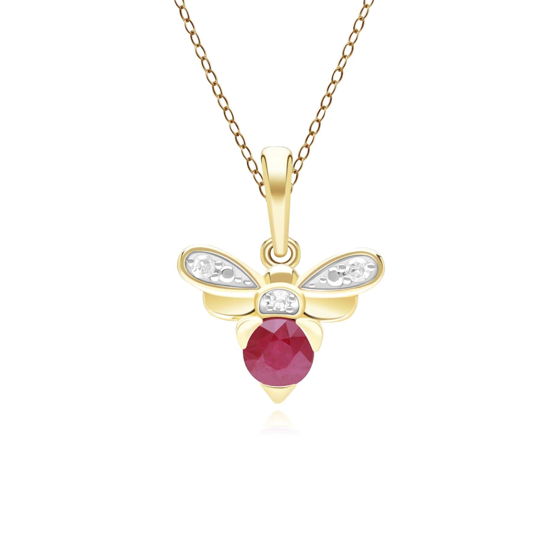 Product photograph of Honeycomb Inspired Ruby And Diamond Bee Pendant Necklace In 9ct Yellow Gold from Gemondo Jewellery