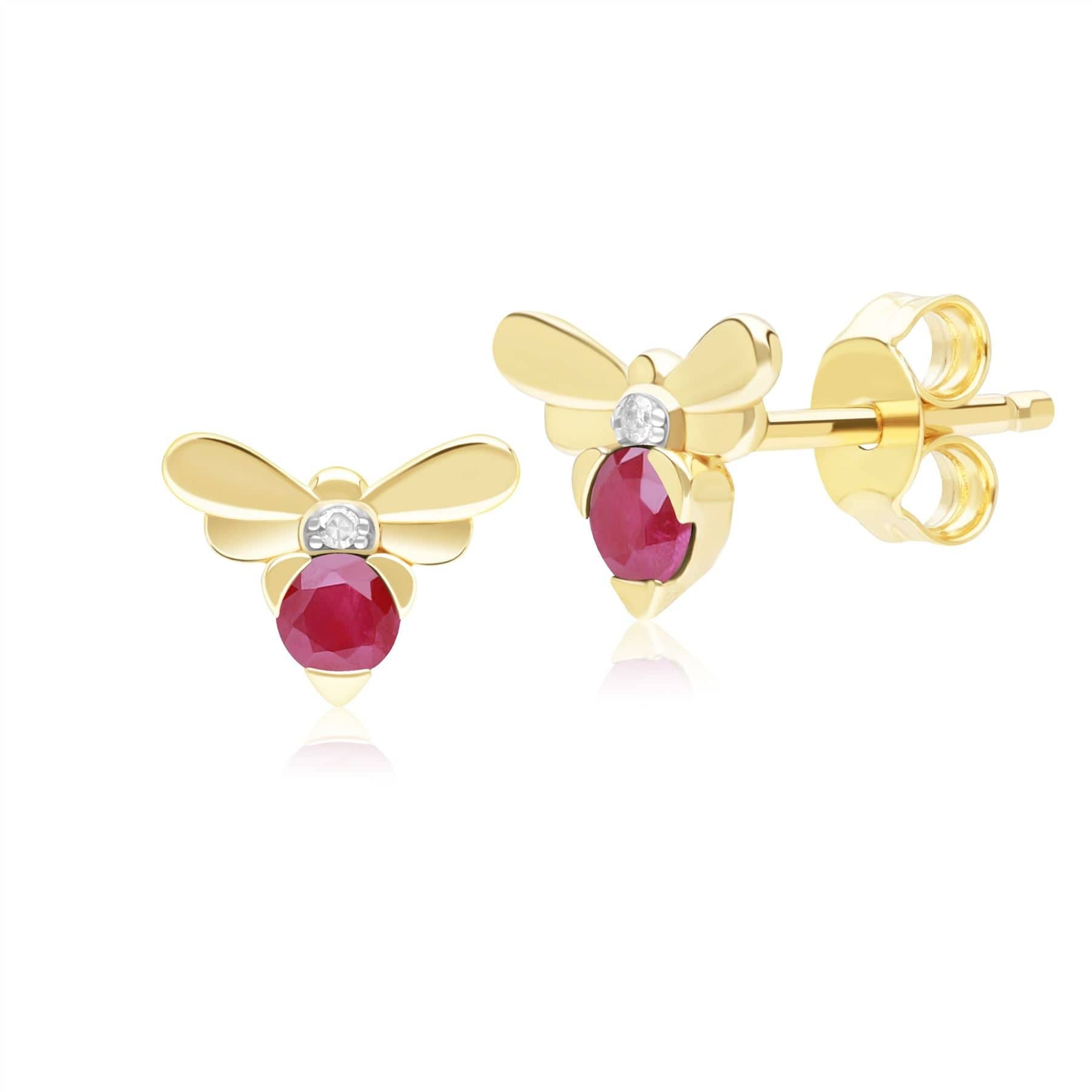 Product photograph of Honeycomb Inspired Ruby And Diamond Bee Stud Earrings In 9ct Yellow Gold from Gemondo Jewellery