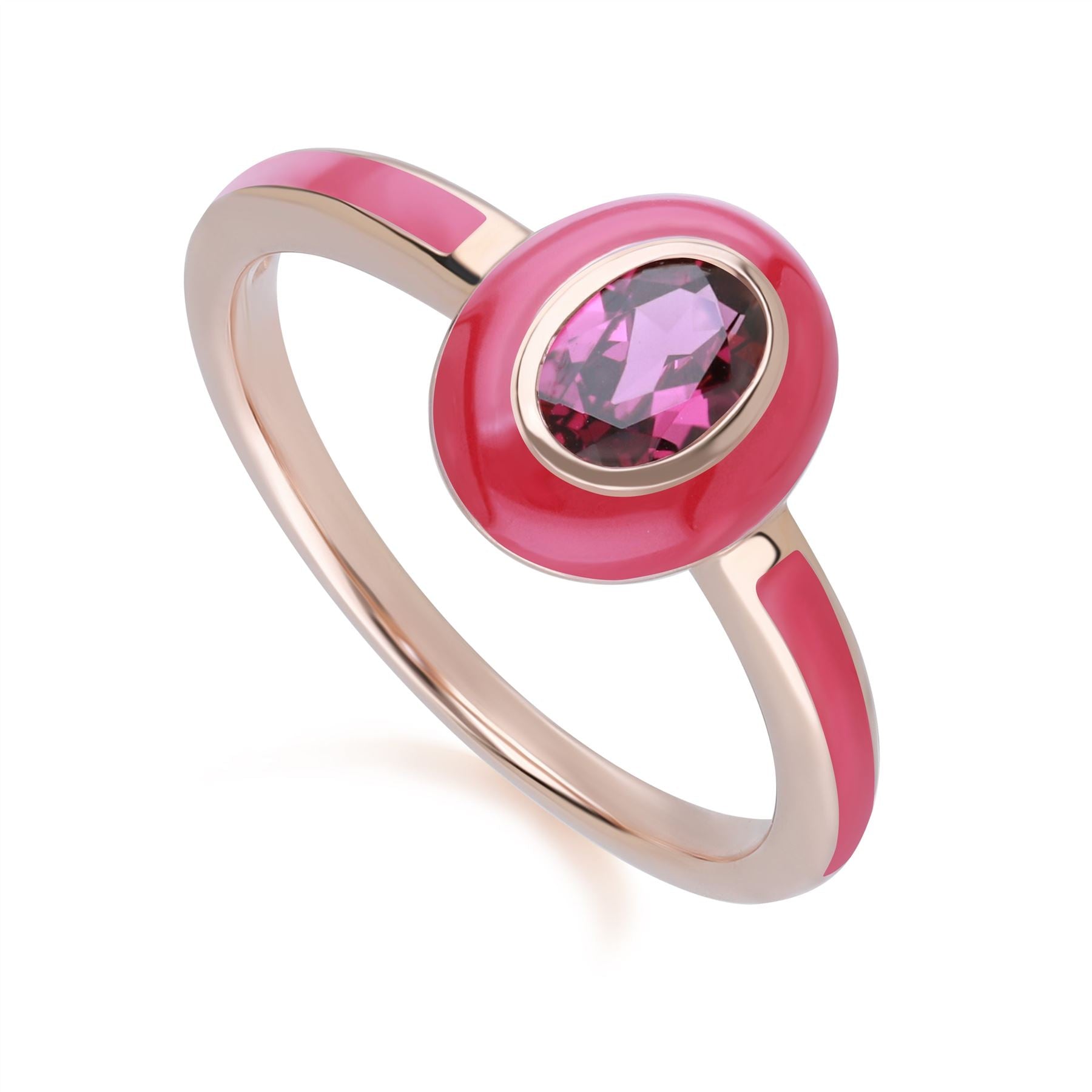 Product photograph of Siberian Waltz Pink Enamel Oval Rhodolite Ring In Rose Gold Plated Sterling Silver from Gemondo Jewellery