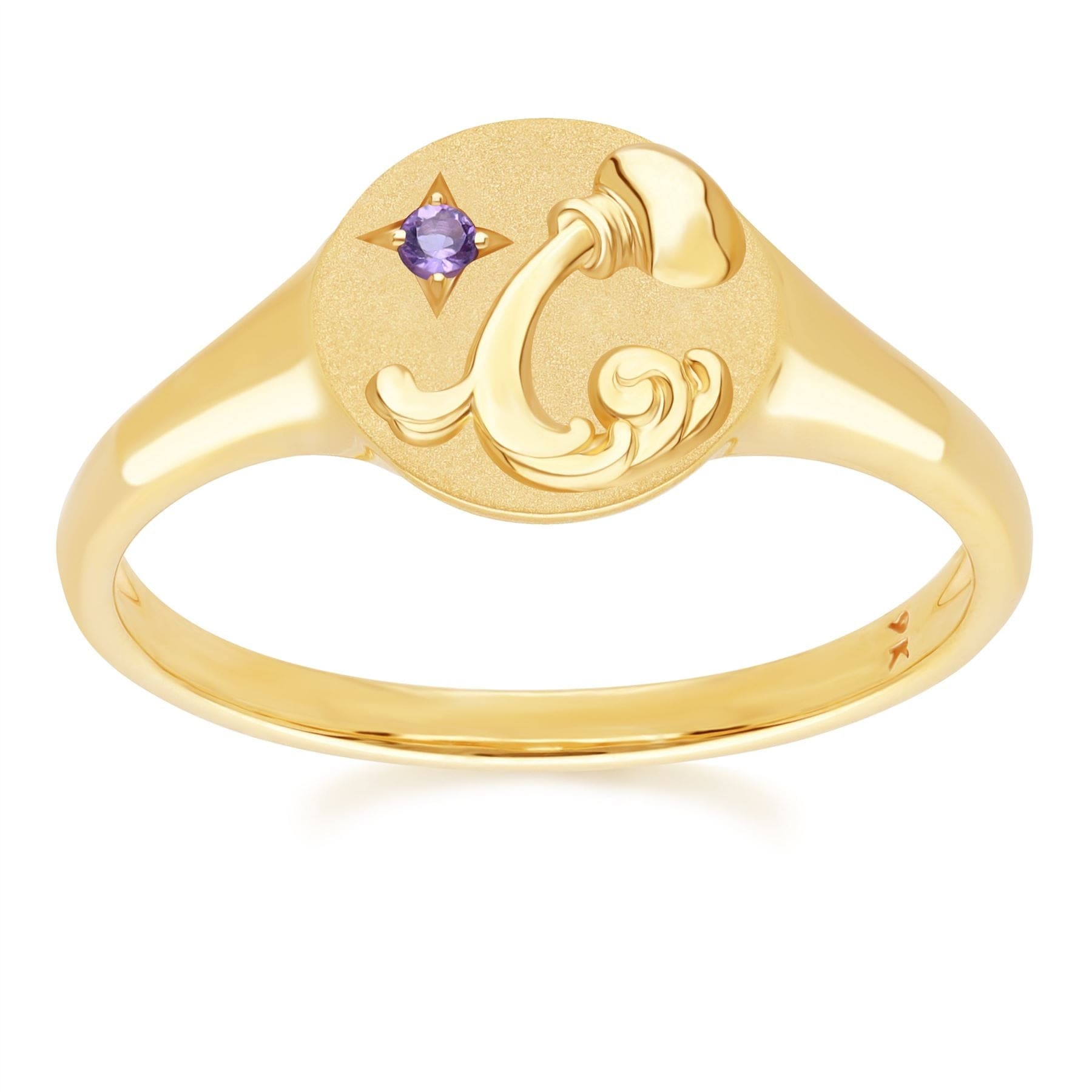 Product photograph of Zodiac Amethyst Aquarius Signet Ring In 9ct Yellow Gold from Gemondo Jewellery