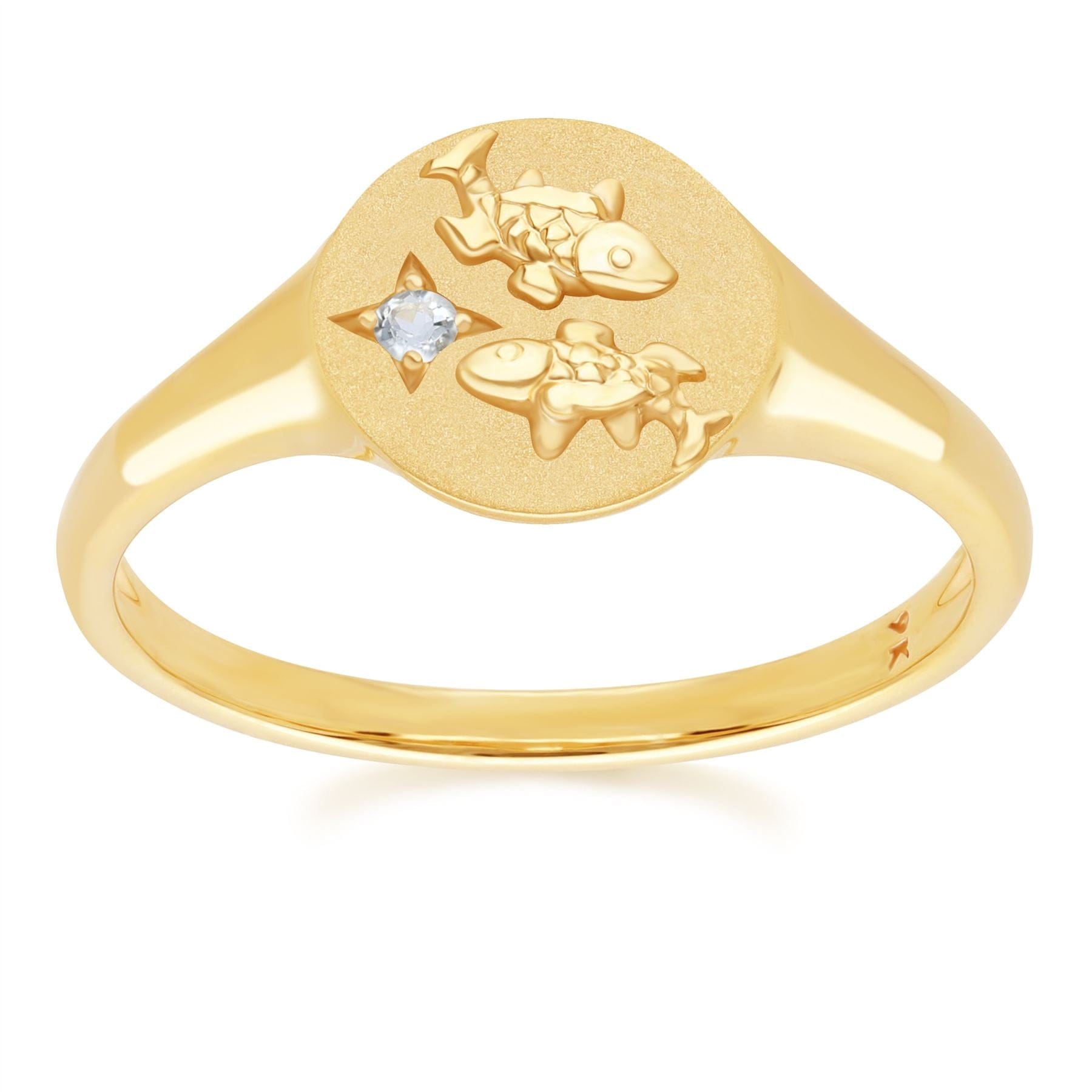 Image of Zodiac Aquamarine Pisces Signet Ring In 9ct Yellow Gold