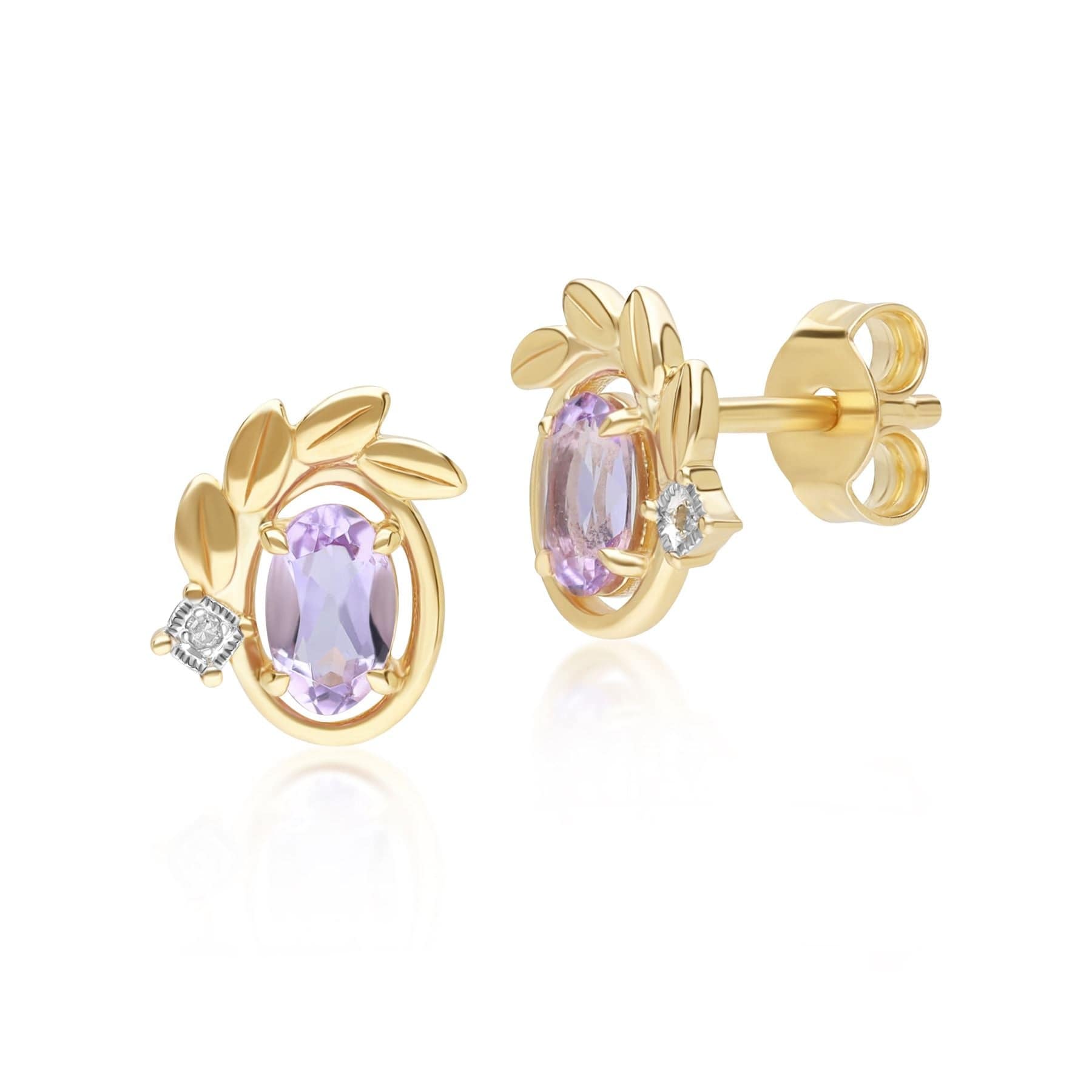 Product photograph of O Leaf Pink Amethyst Diamond Stud Earrings In 9ct Yellow Gold from Gemondo Jewellery