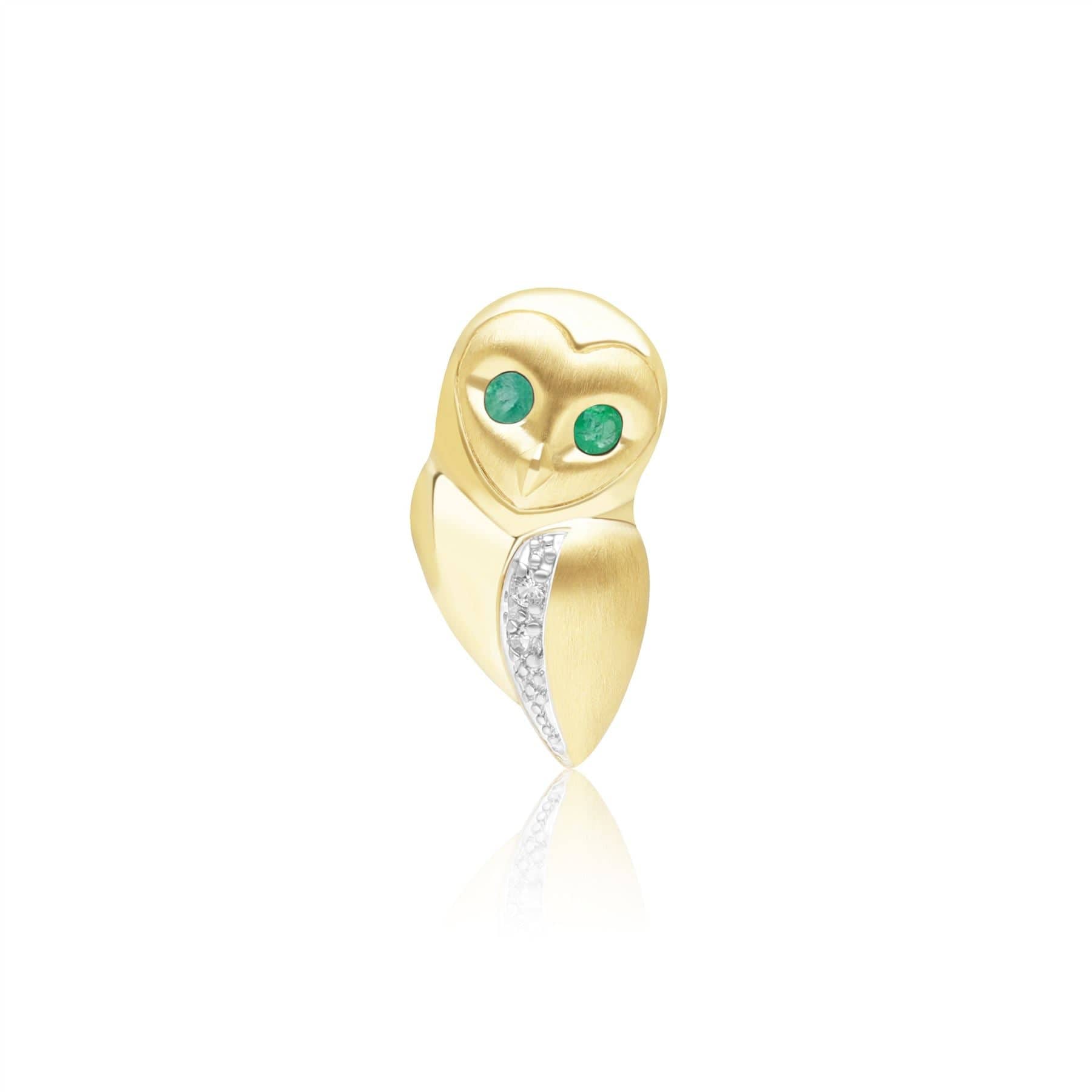 Product photograph of Gardenia Emerald And White Sapphire Owl Pin In 9ct Yellow Gold from Gemondo Jewellery