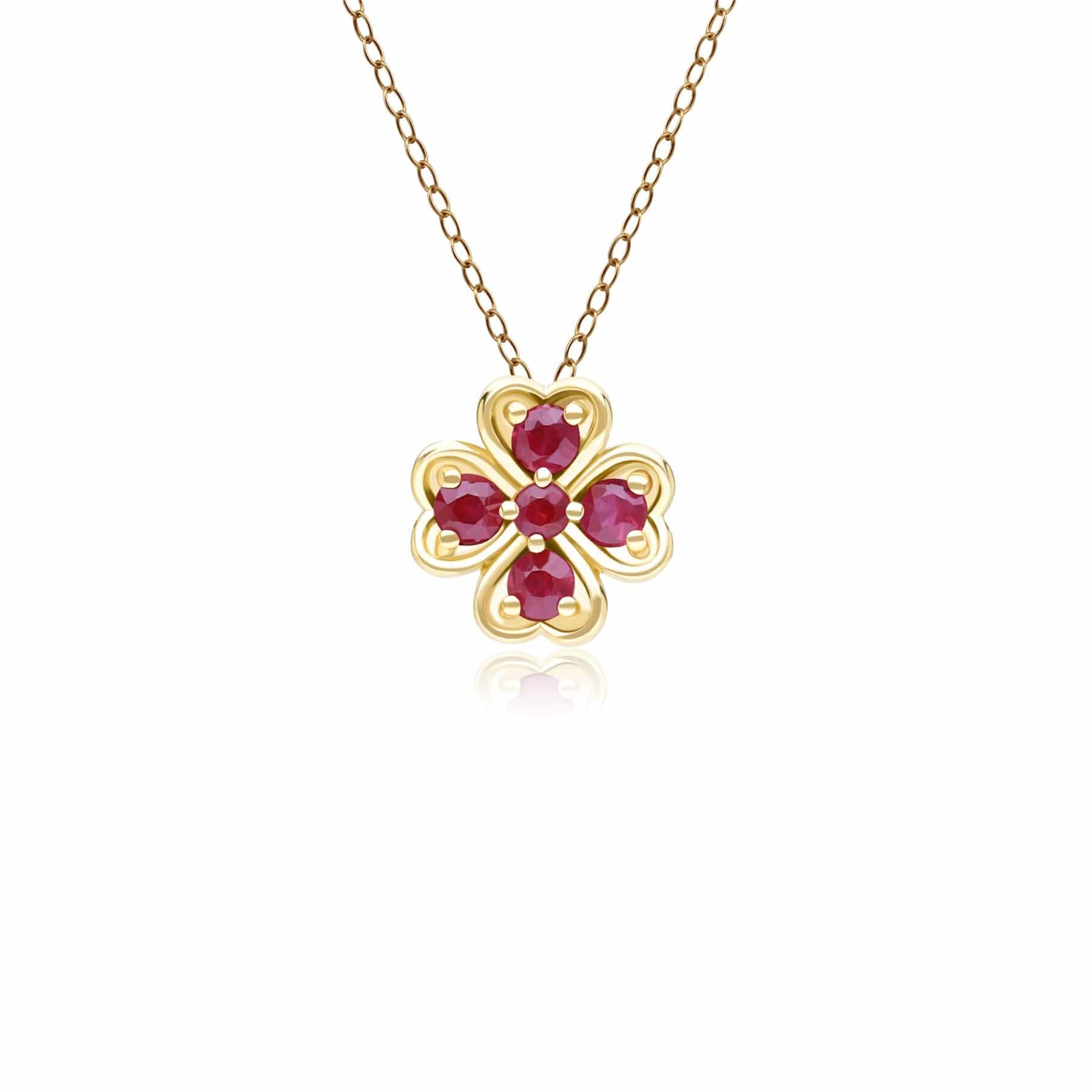 Product photograph of Gardenia Round Ruby Clover Pendant Necklace In 9ct Yellow Gold from Gemondo Jewellery