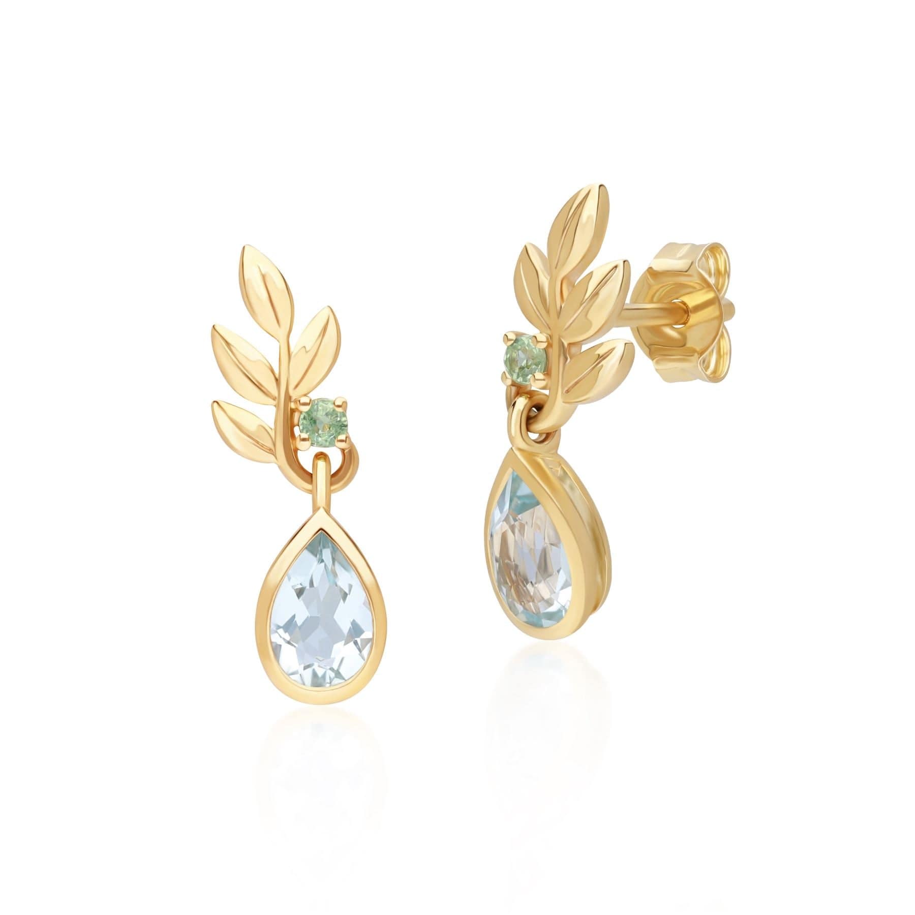 Product photograph of O Leaf Sky Blue Topaz Tsavorite Drop Earrings In 9ct Yellow Gold from Gemondo Jewellery