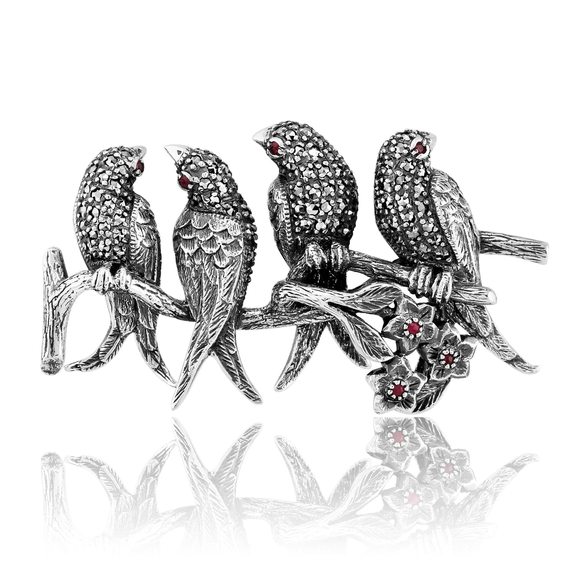 Image of Art Nouveau Style Round Ruby & Marcasite Bird Brooch in 925 Sterling Silver
