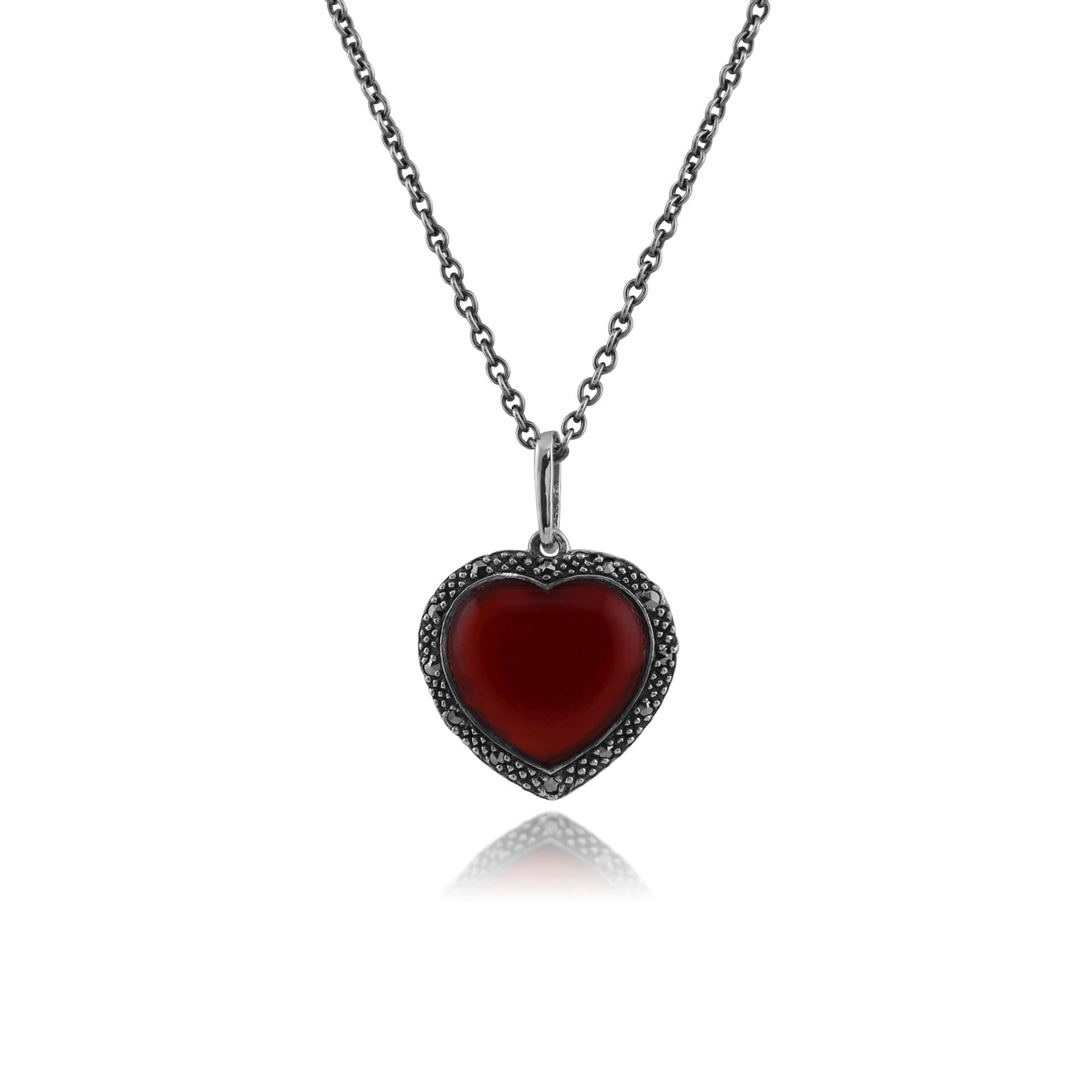 Image of Art Deco Style Heart Carnelian & Marcasite Halo Love Heart Pendant in 925 Sterling Silver