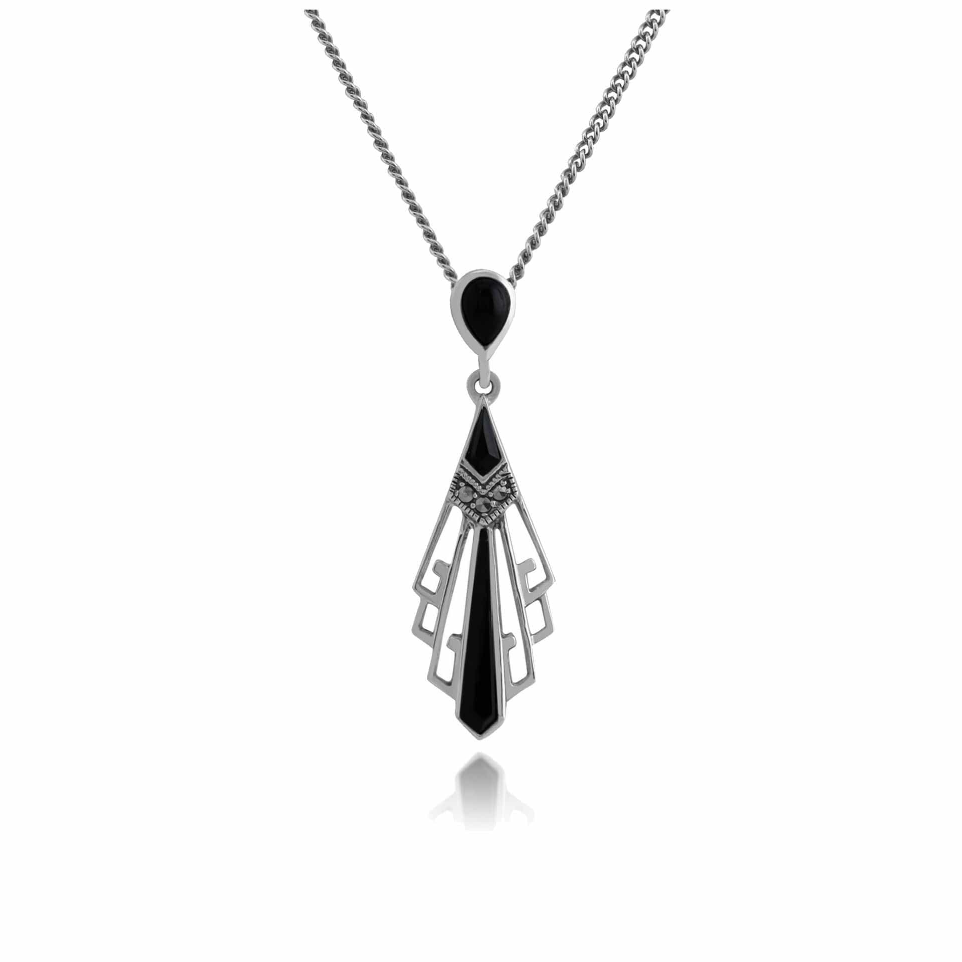 Image of Art Deco Style Black Onyx & Marcasite Open Work Fan Drop Necklace in 925 Sterling Silver