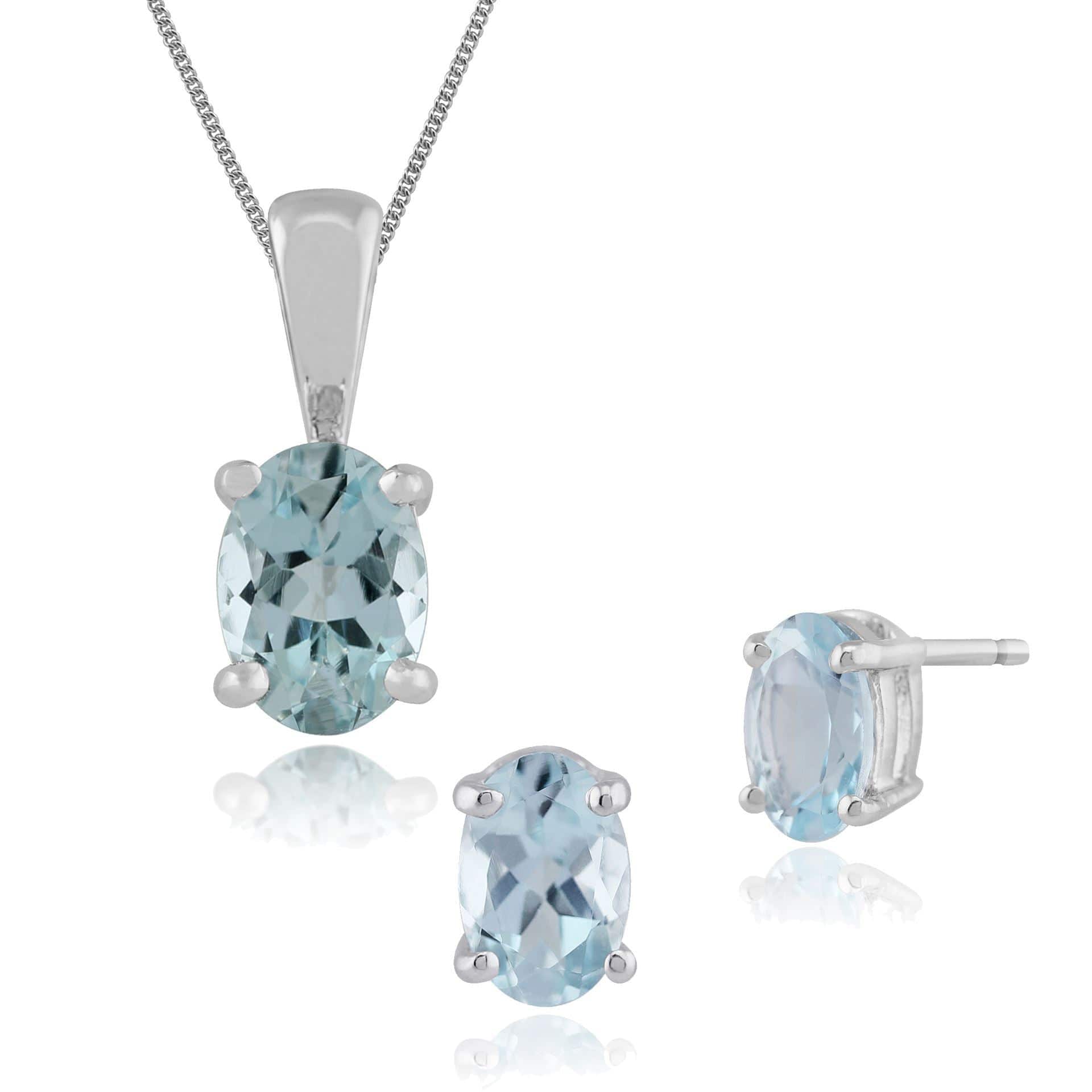 Product photograph of Classic Oval Aquamarine Single Stone Stud Earrings Pendant Set In 9ct White Gold from Gemondo Jewellery