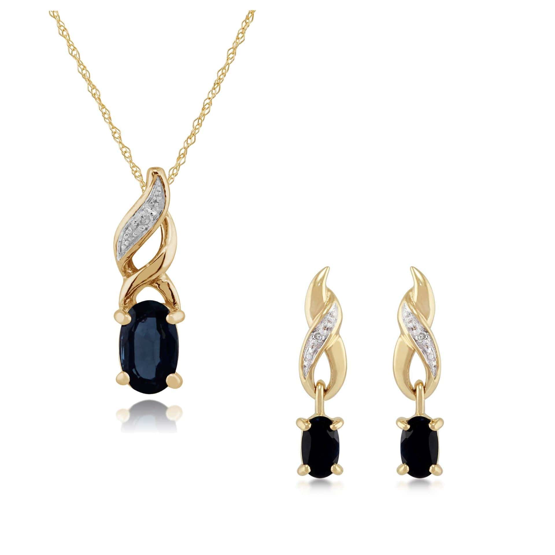 Product photograph of Classic Oval Sapphire Diamond Twist Drop Earrings Pendant Set In 9ct Yellow Gold from Gemondo Jewellery