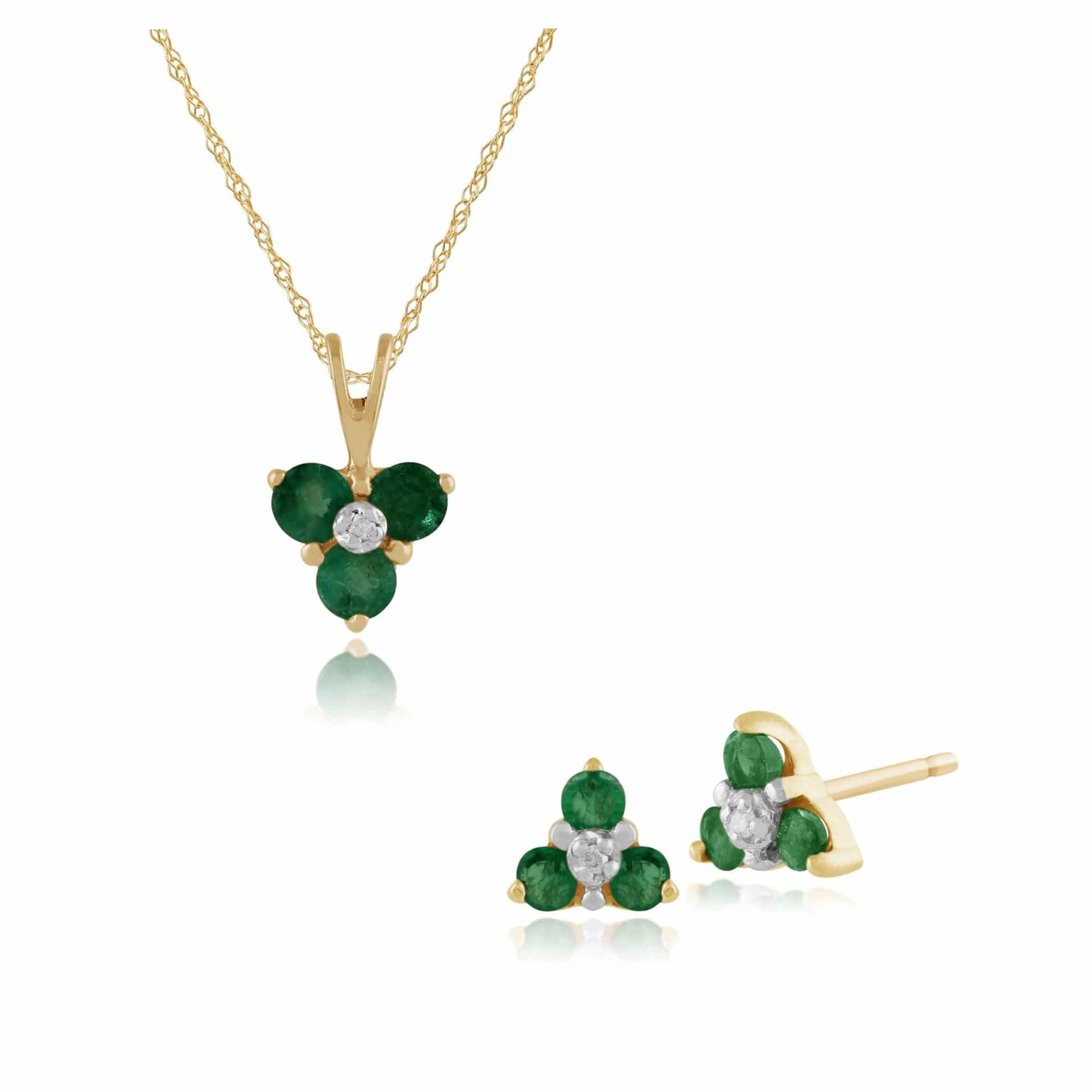 Product photograph of Floral Round Emerald Diamond Stud Earrings Pendant Set In 9ct Yellow Gold from Gemondo Jewellery