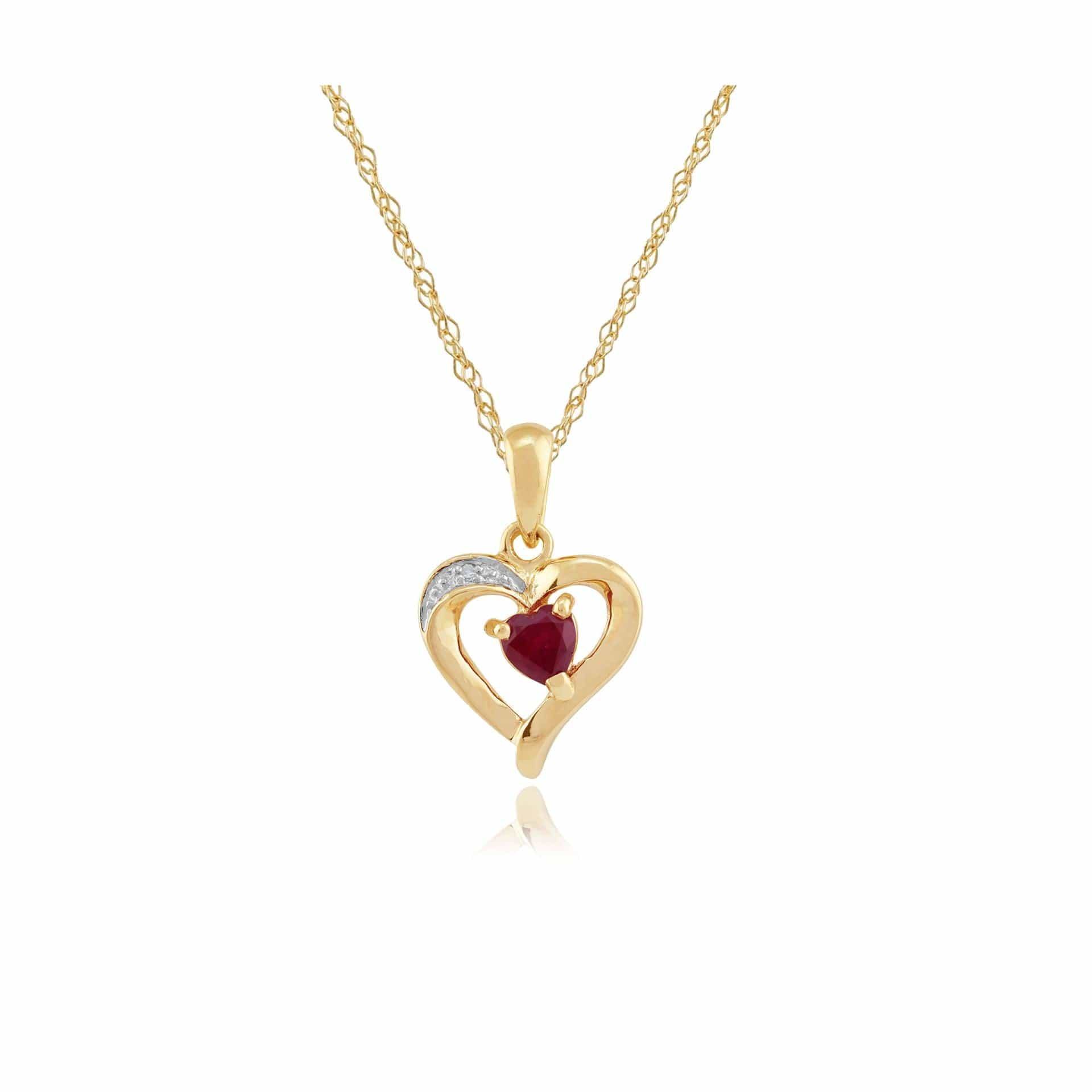 Product photograph of Classic Heart Ruby Diamond Heart Pendant In 9ct Yellow Gold from Gemondo Jewellery