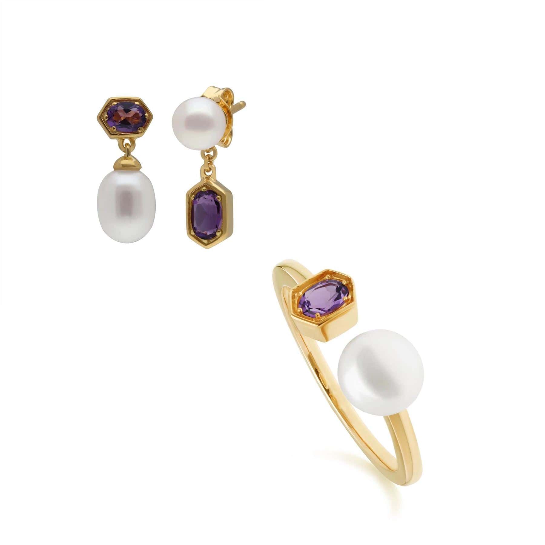 Image of Modern Pearl & Amethyst Earring & Ring Set in Gold Plated Silver
