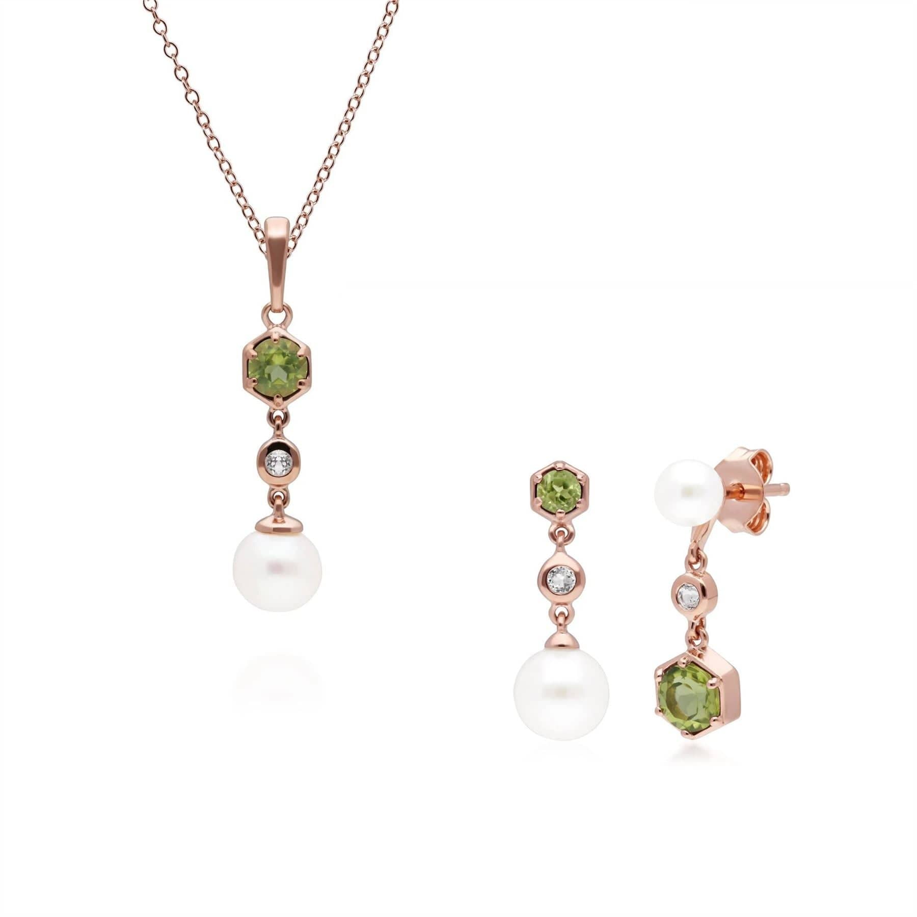 Product photograph of Modern Pearl Peridot Topaz Pendant Earring Set In Rose Gold Plated Silver from Gemondo Jewellery