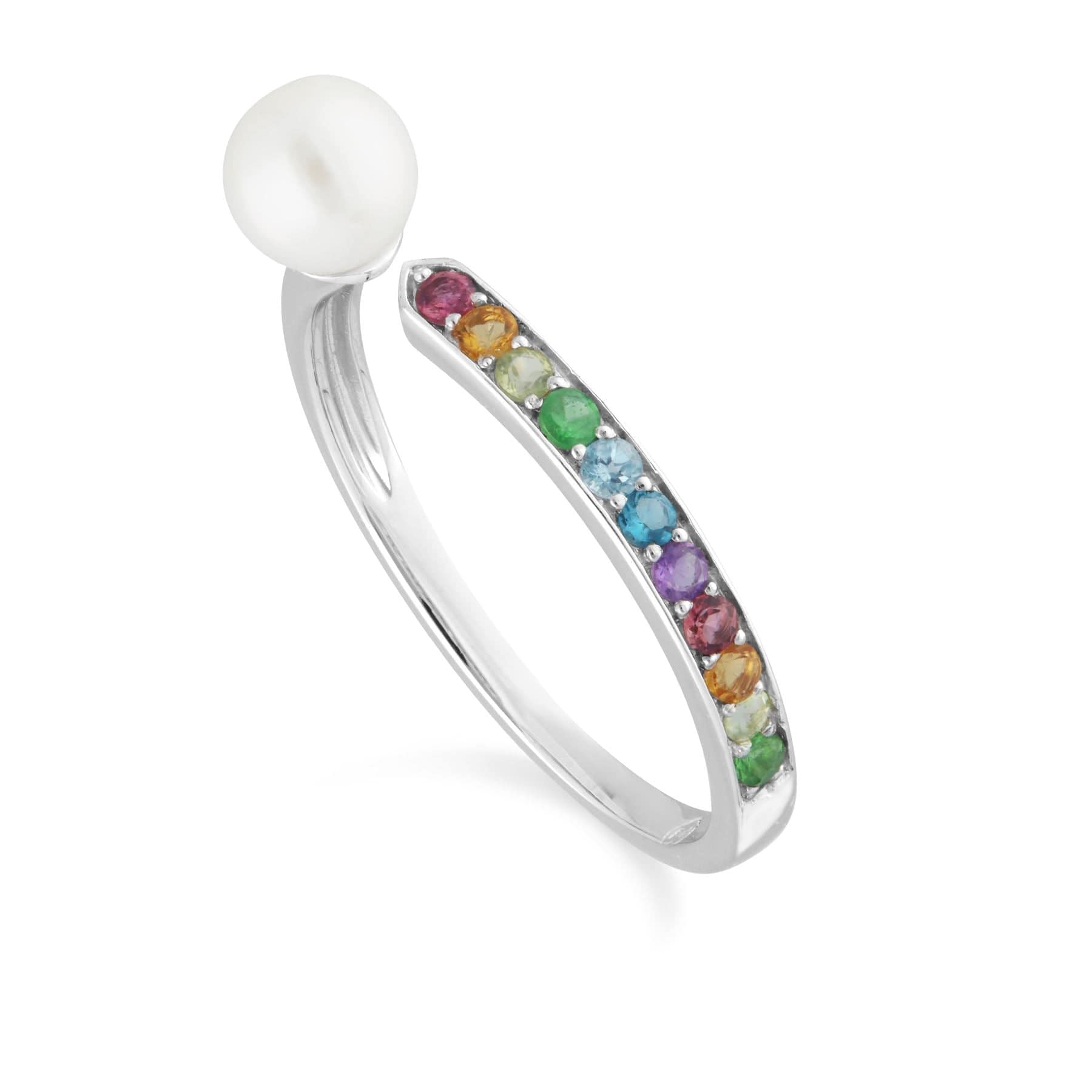 Product photograph of Rainbow Gemstone Pearl Open Ring In 925 Sterling Silver from Gemondo Jewellery