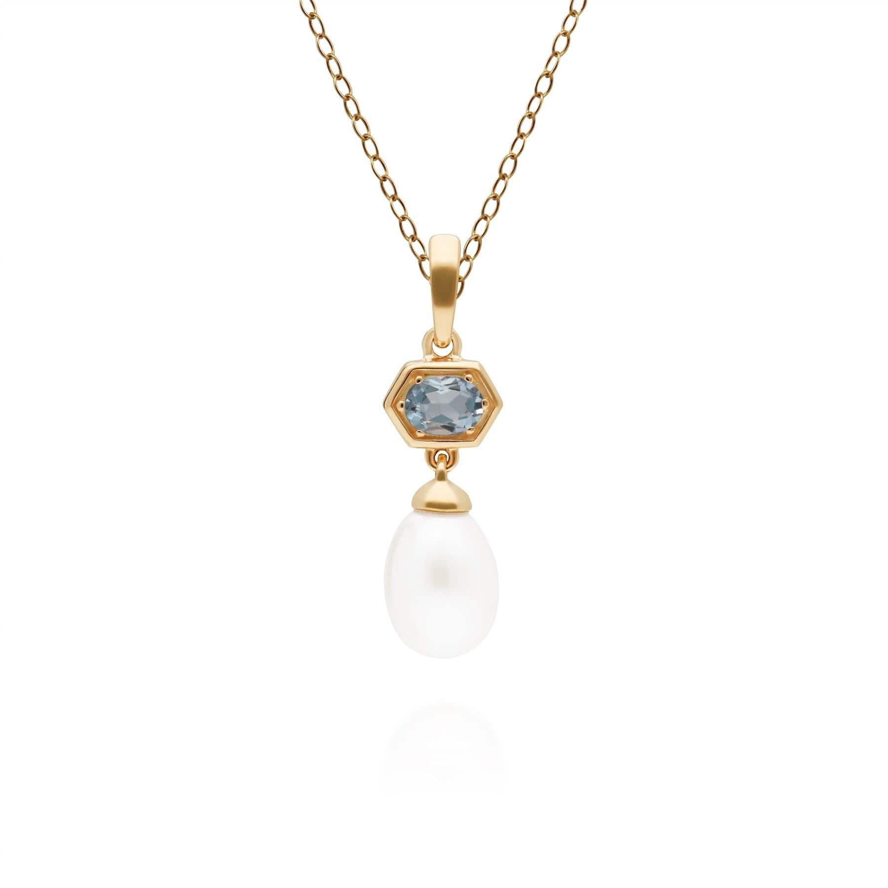 Product photograph of Modern Pearl Aquamarine Hexagon Drop Pendant In Gold Plated Silver from Gemondo Jewellery