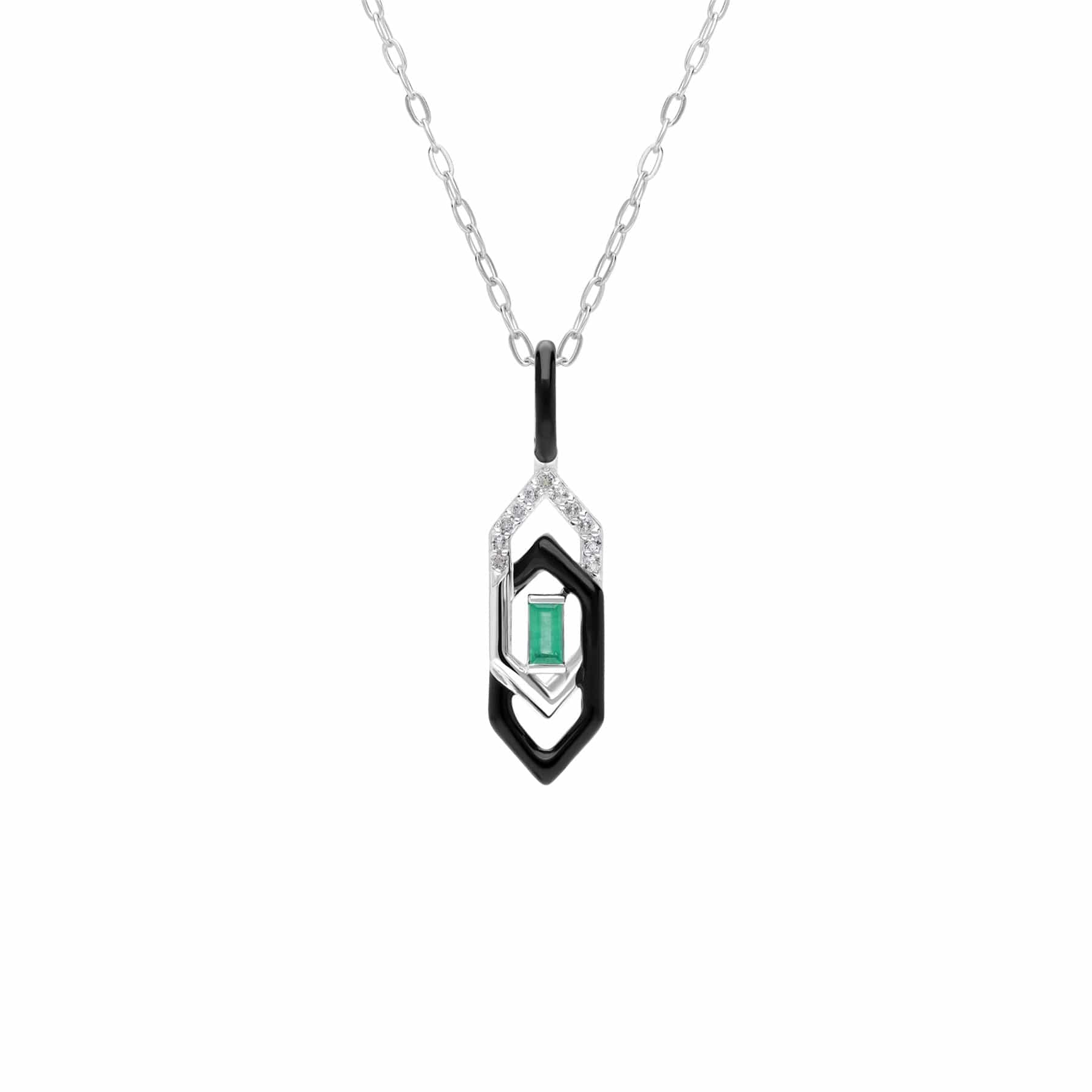 Product photograph of Grand Deco Black Enamel White Topaz Emerald Pendant In 9ct White Gold from Gemondo Jewellery