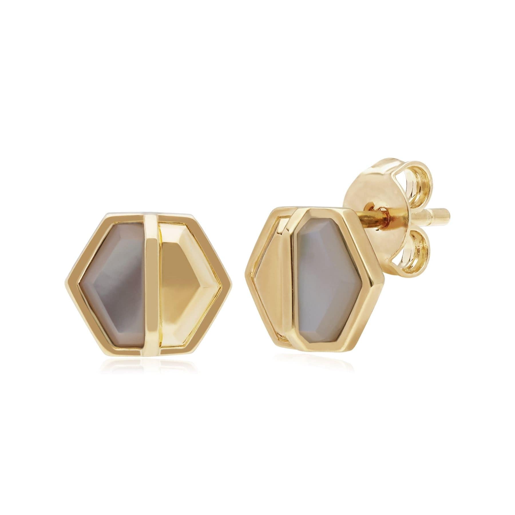 Product photograph of Micro Statement Mother Of Pearl Hexagon Stud Earrings In Gold Plated Silver from Gemondo Jewellery