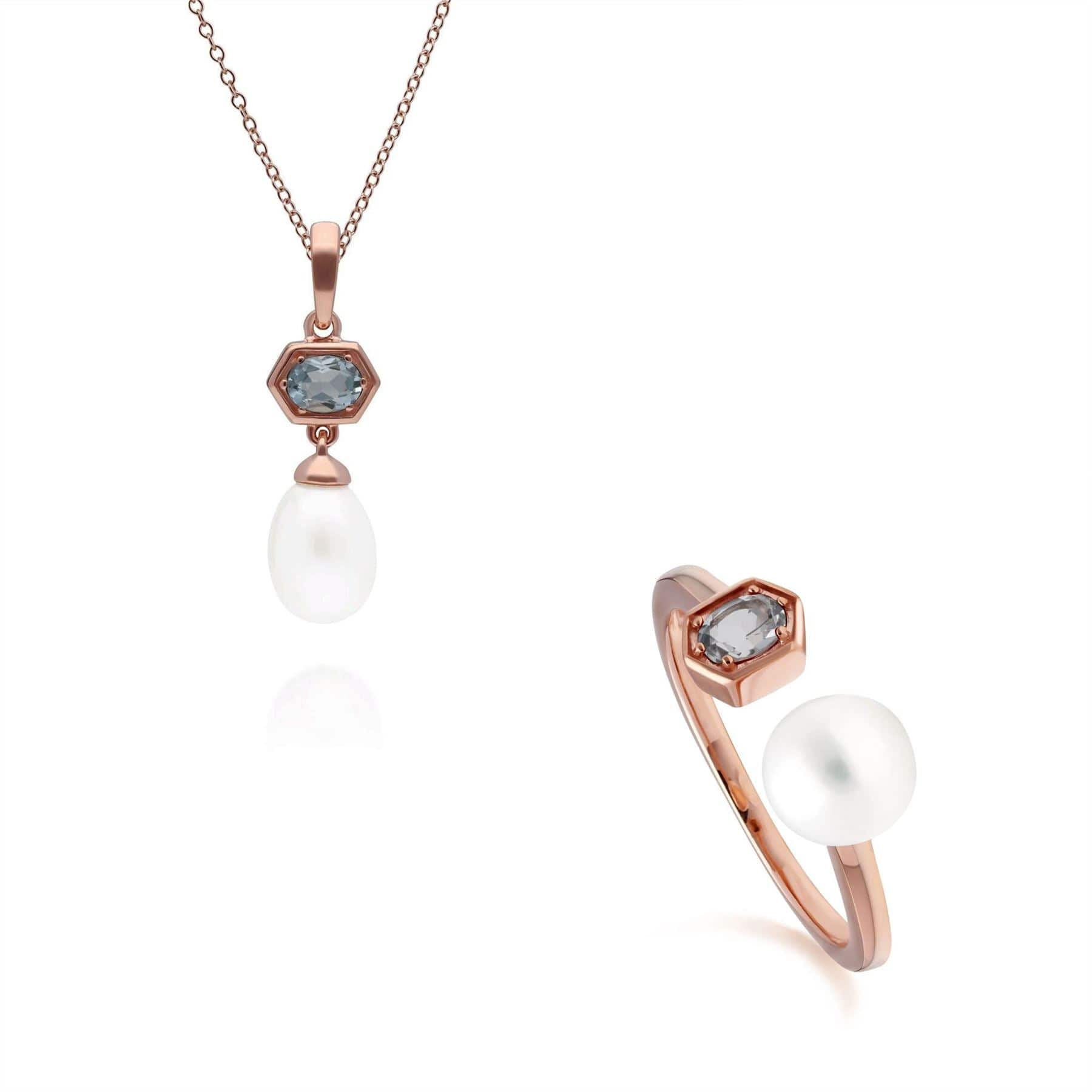 Product photograph of Modern Pearl Aquamarine Pendant Ring Set In Rose Gold Plated Silver from Gemondo Jewellery