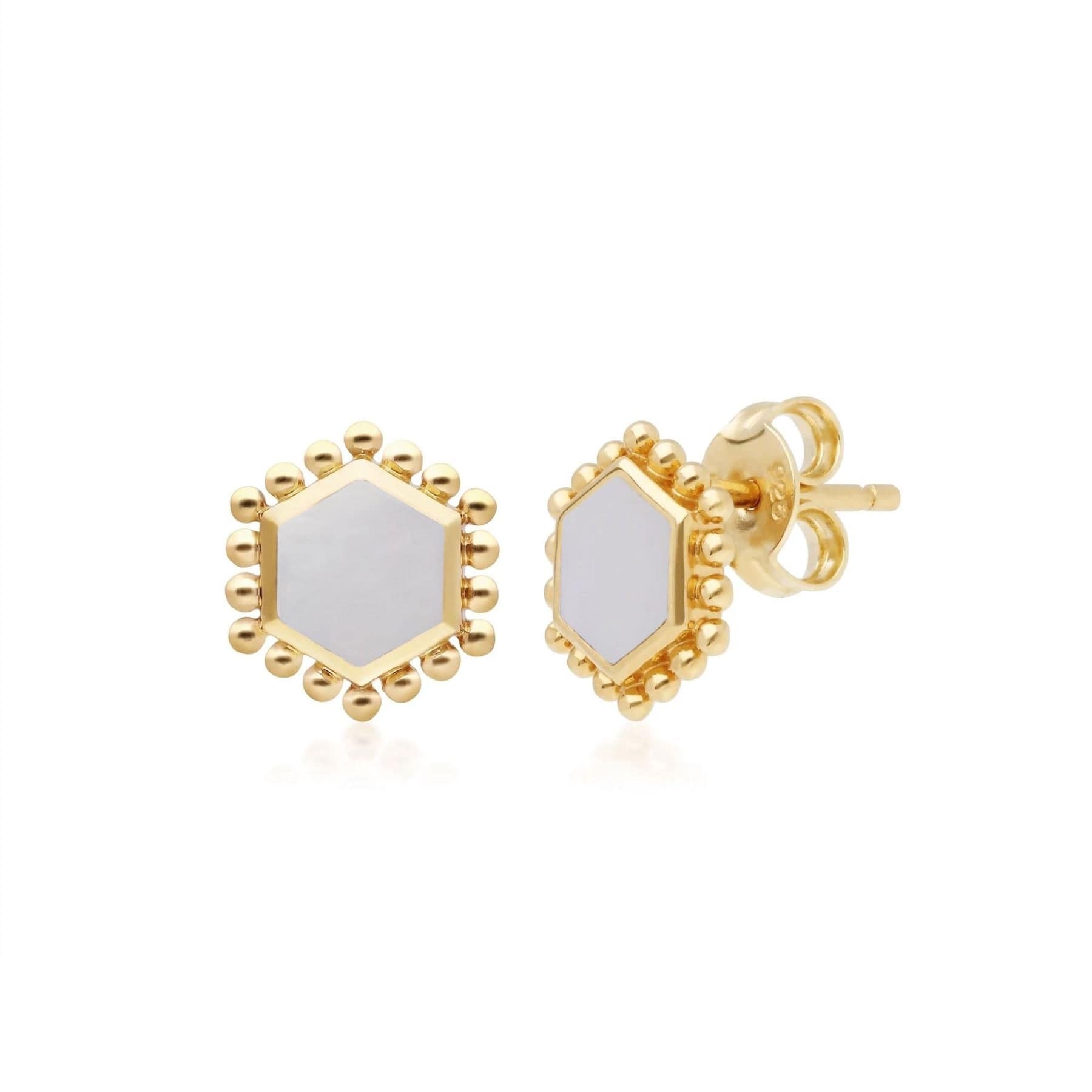 Product photograph of Mother Of Pearl Flat Slice Hex Stud Earrings In Gold Plated Silver from Gemondo Jewellery