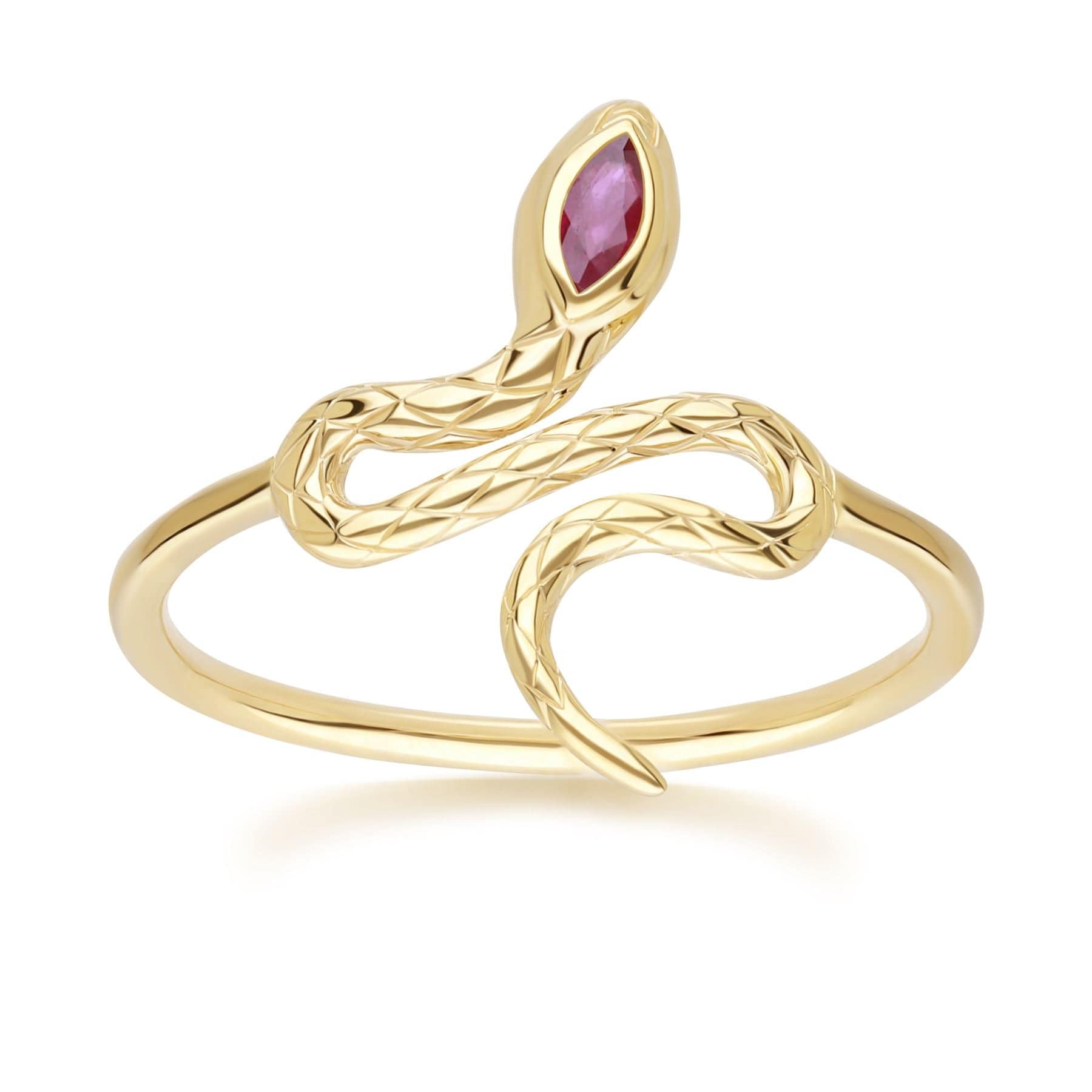 Product photograph of Ecfew Ruby Winding Snake Ring In 9ct Yellow Gold from Gemondo Jewellery