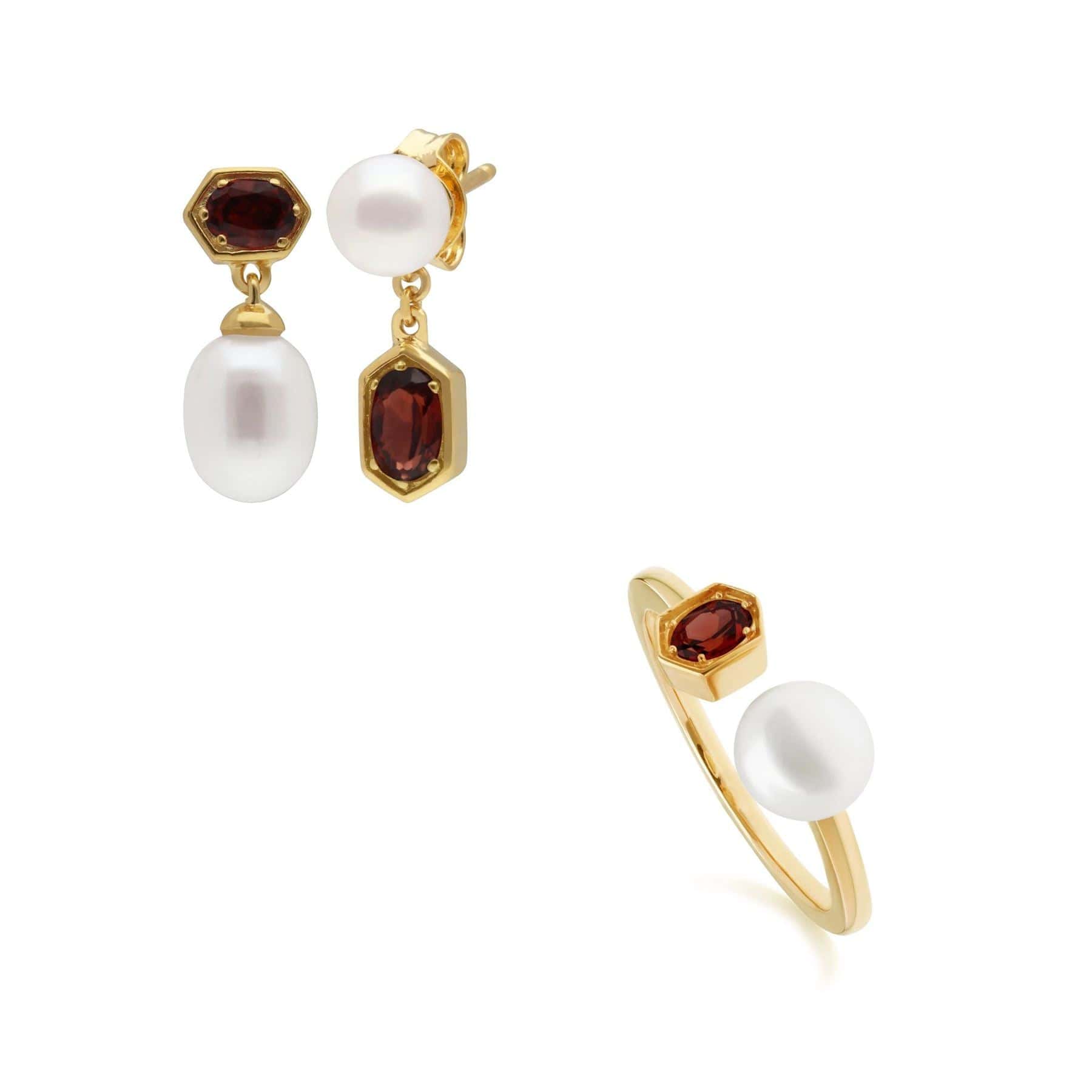 Product photograph of Modern Pearl Garnet Earring Ring Set In Gold Plated Silver from Gemondo Jewellery