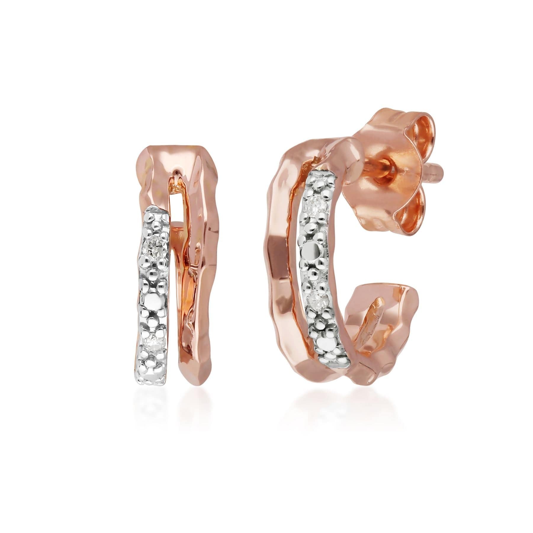 Product photograph of Diamond Pav Double Hammered Mini Hoop Earrings In 9ct Rose Gold from Gemondo Jewellery