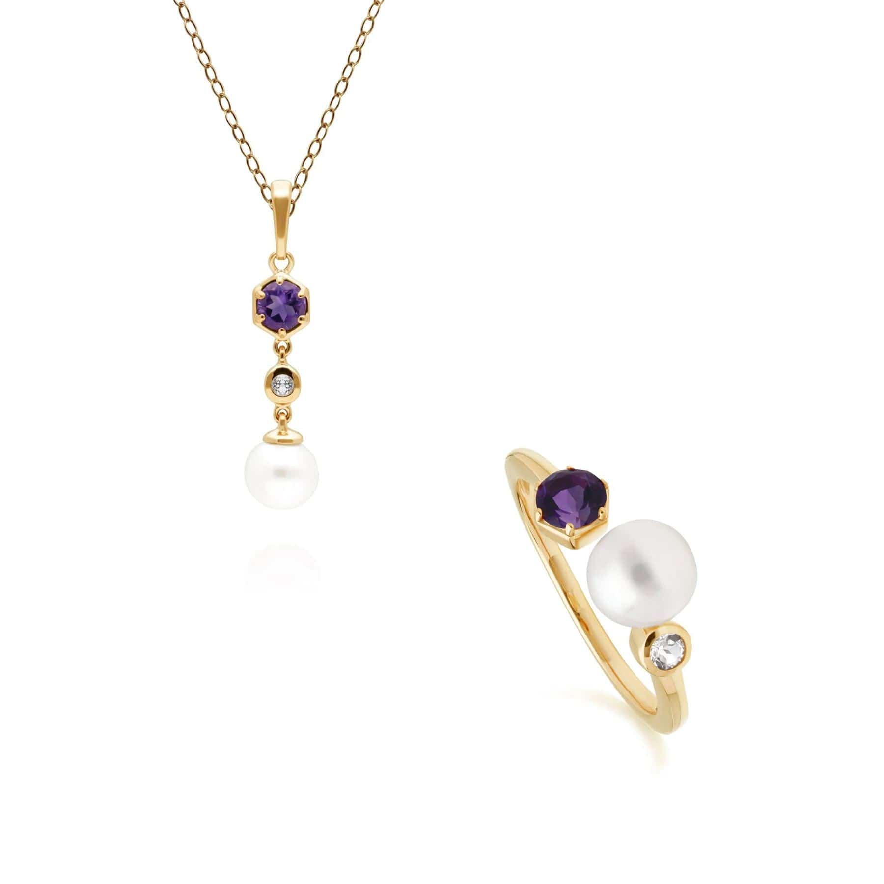 Image of Modern Pearl, Topaz & Amethyst Pendant & Ring Set in Gold Plated Silver