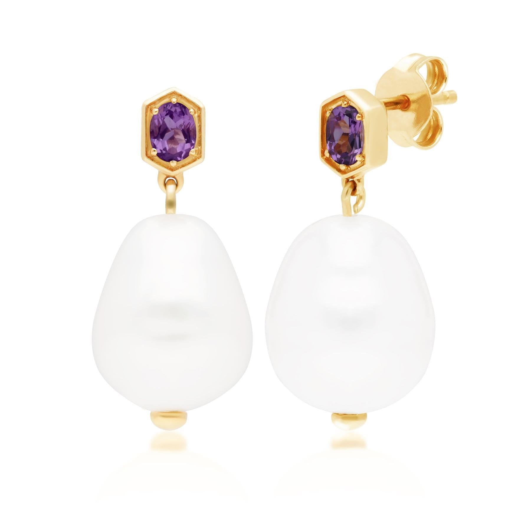 Product photograph of Modern Baroque Pearl Amethyst Drop Earrings In Gold Plated Silver from Gemondo Jewellery