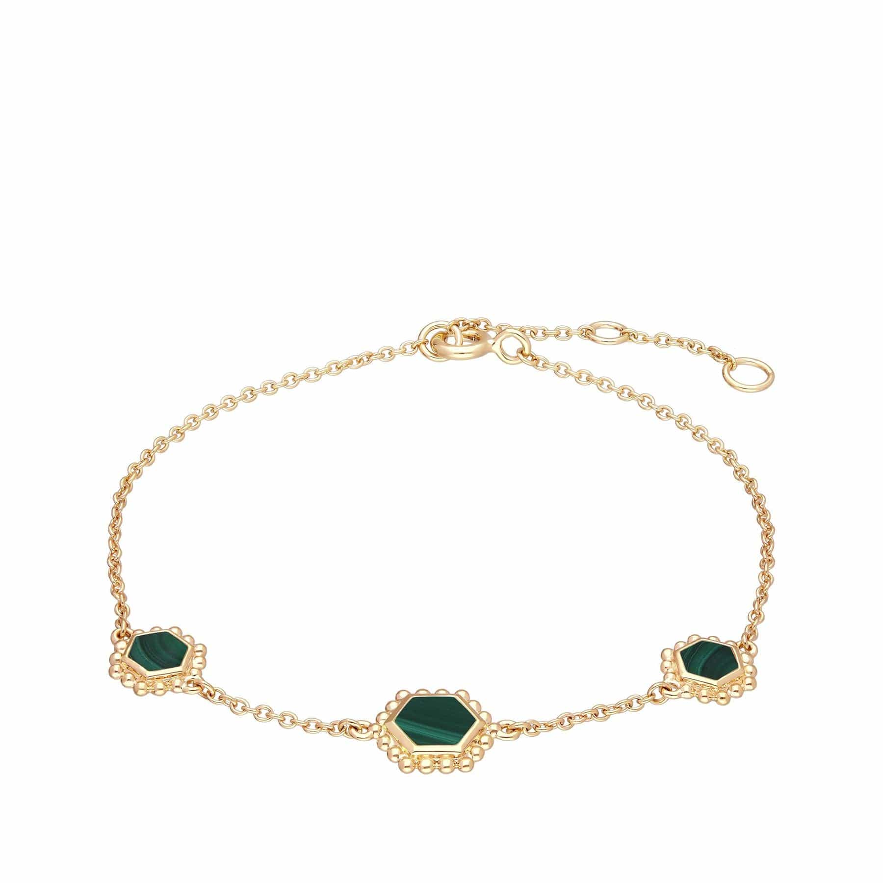 Product photograph of Malachite Flat Slice Hex Chain Bracelet In Gold Plated Silver from Gemondo Jewellery