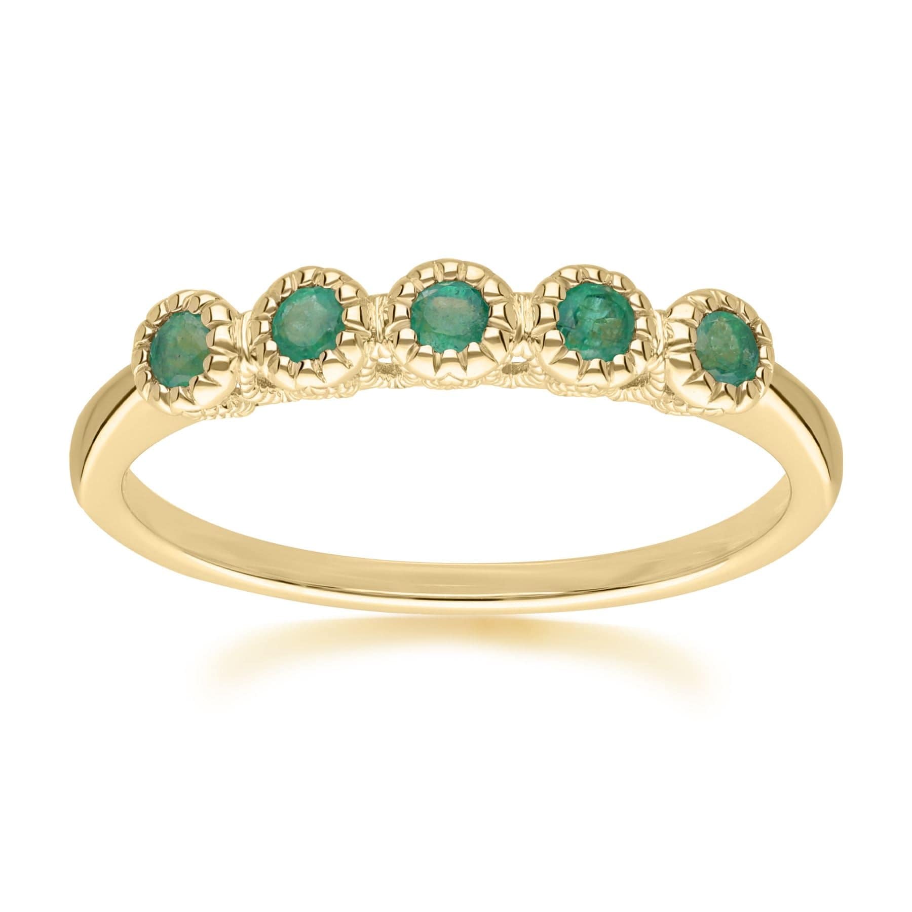 Product photograph of Classic Round Emerald Five Stone Eternity Ring In 9ct Yellow Gold from Gemondo Jewellery