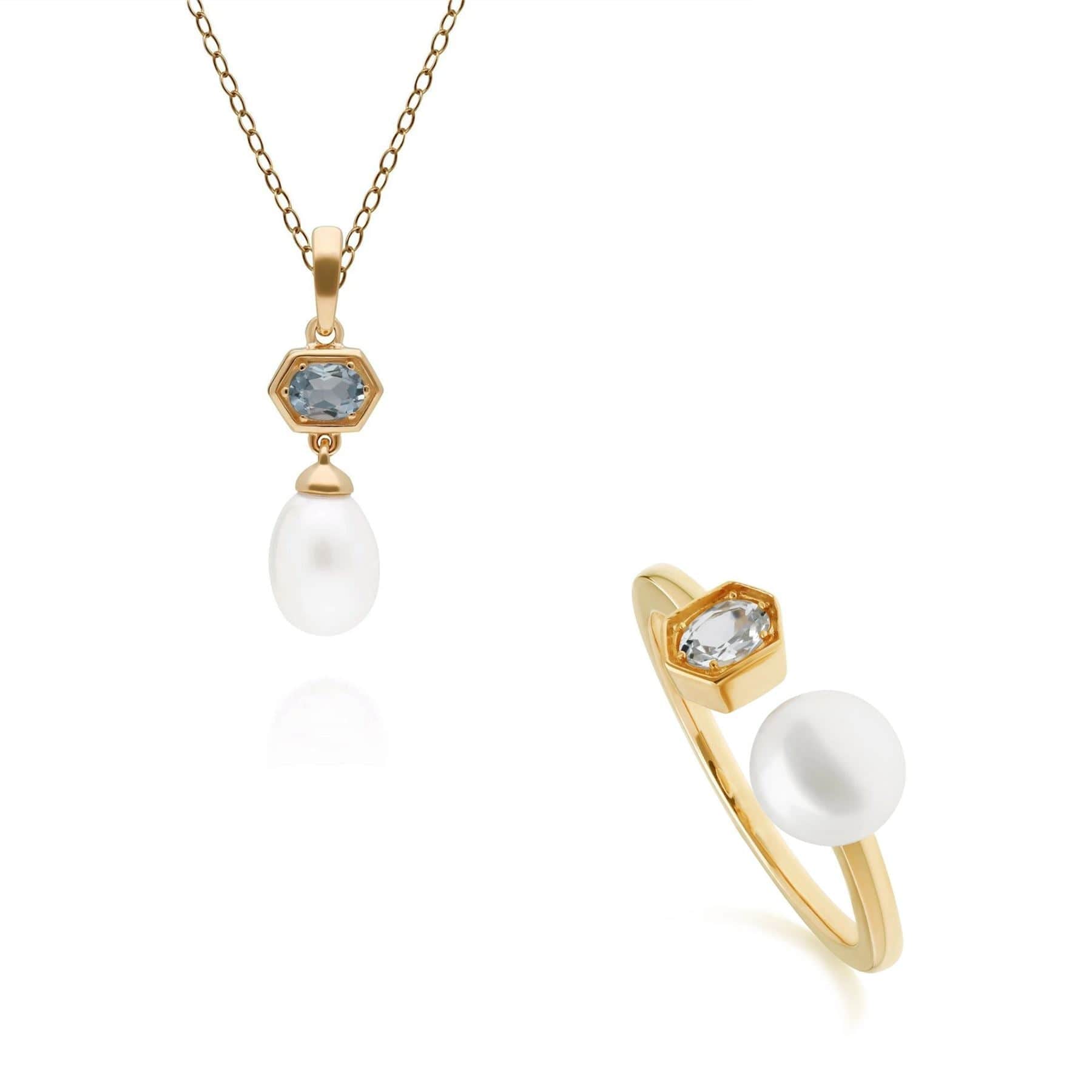 Product photograph of Modern Pearl Aquamarine Pendant Ring Set In Gold Plated Silver from Gemondo Jewellery