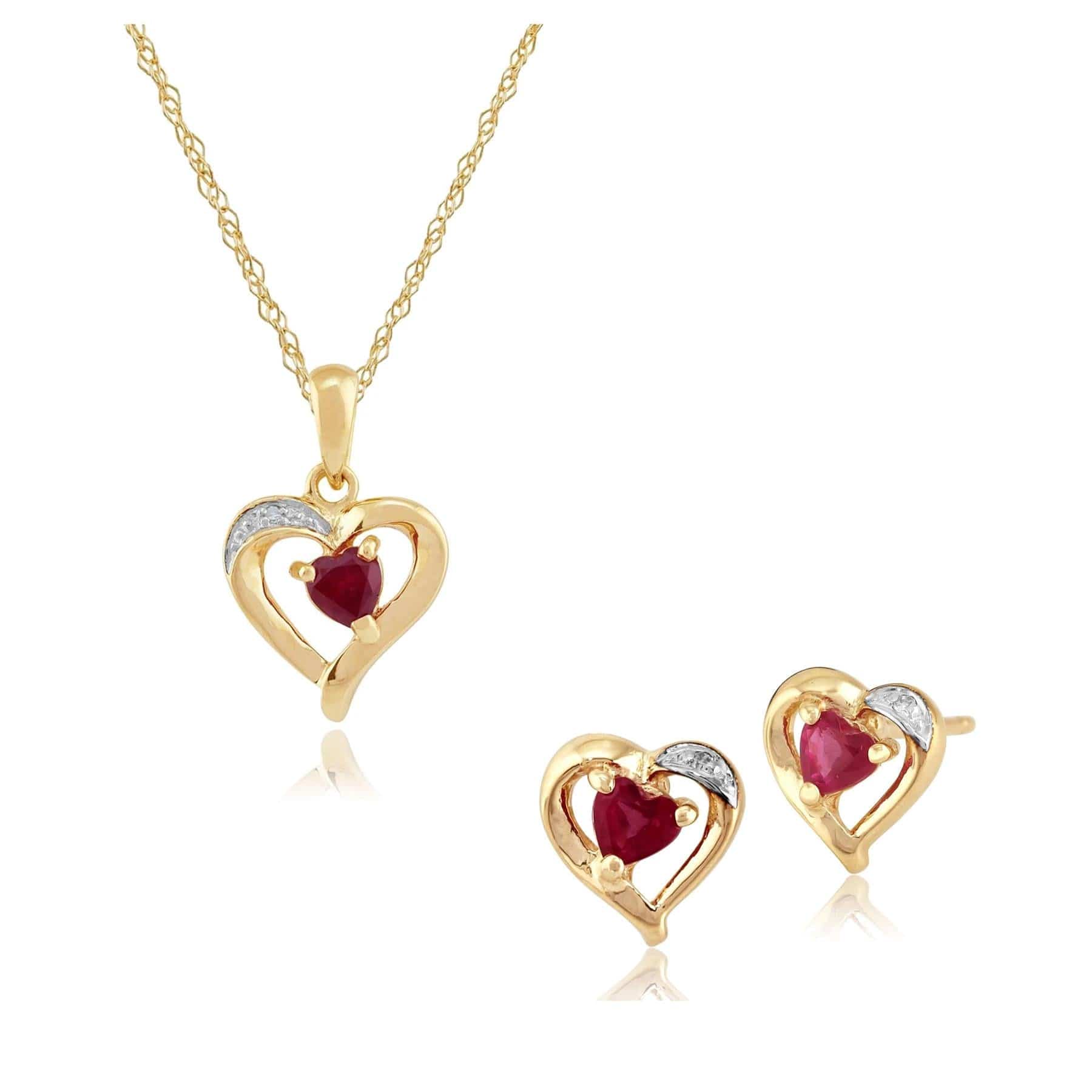 Product photograph of Classic Heart Ruby Diamond Heart Stud Earrings Pendant Set In 9ct Gold from Gemondo Jewellery