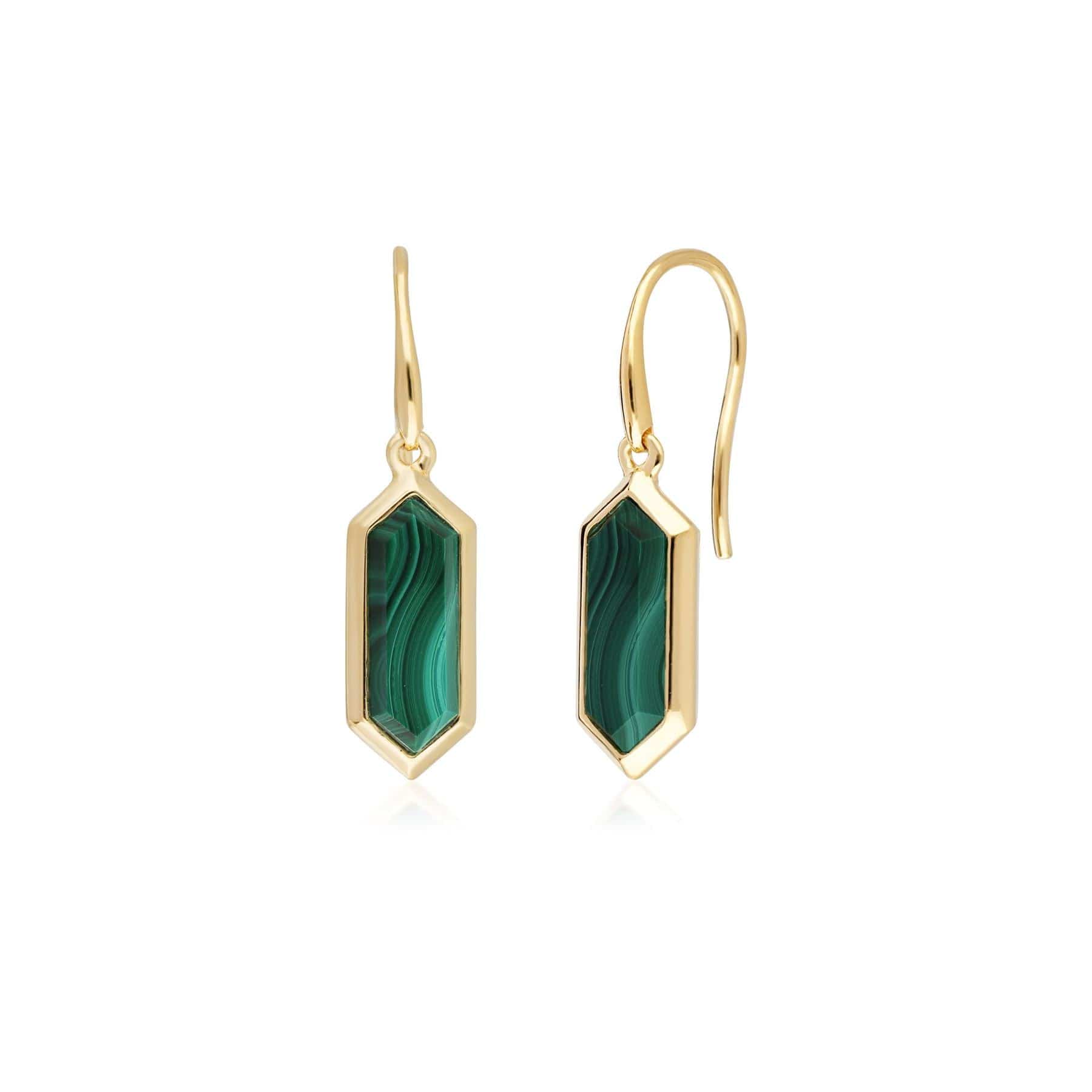 Product photograph of Geometric Hexagon Malachite Drop Earrings In Gold Plated Silver from Gemondo Jewellery