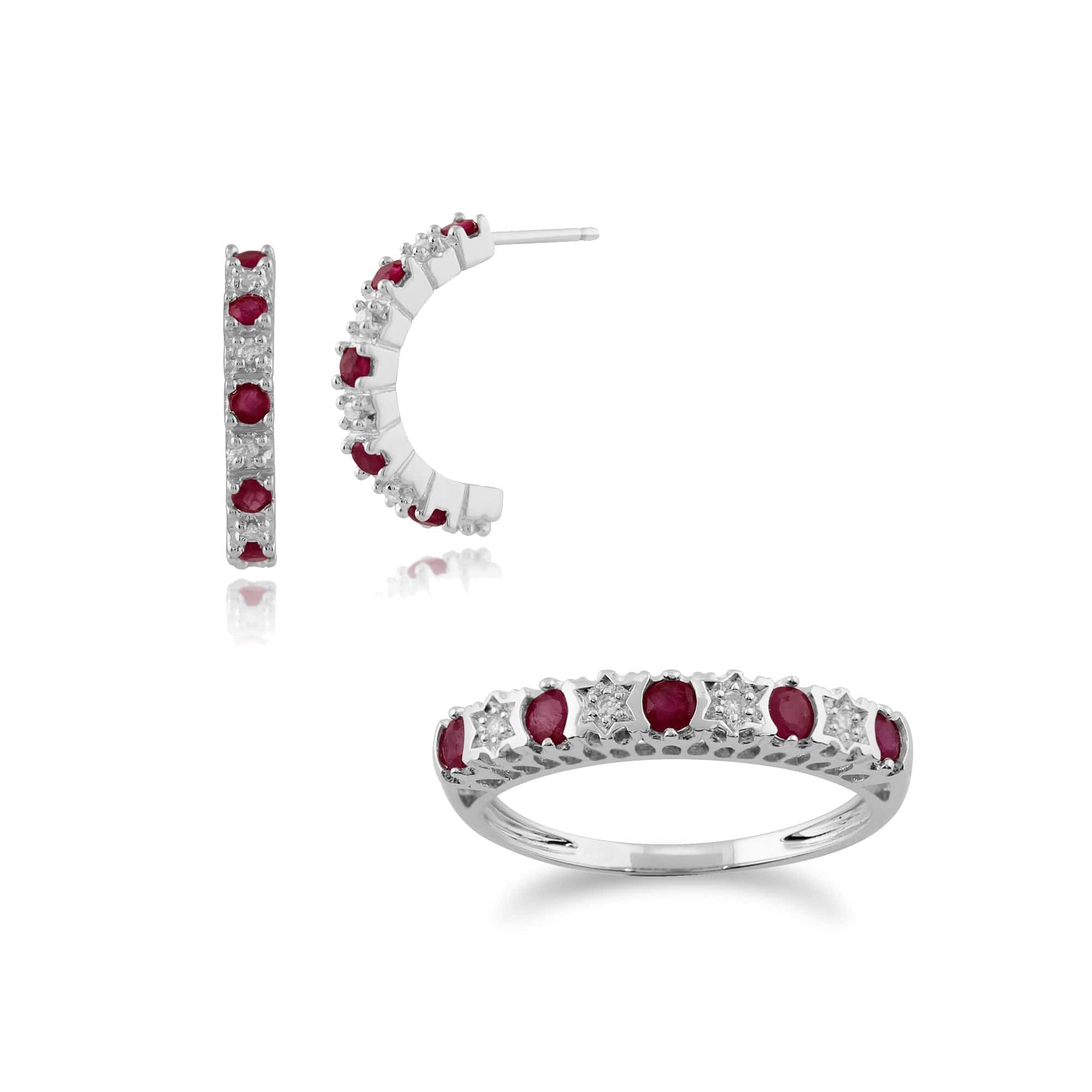 Product photograph of Classic Round Ruby Diamond Half Hoop Earrings Half Eternity Ring Set In 9ct White Gold from Gemondo Jewellery