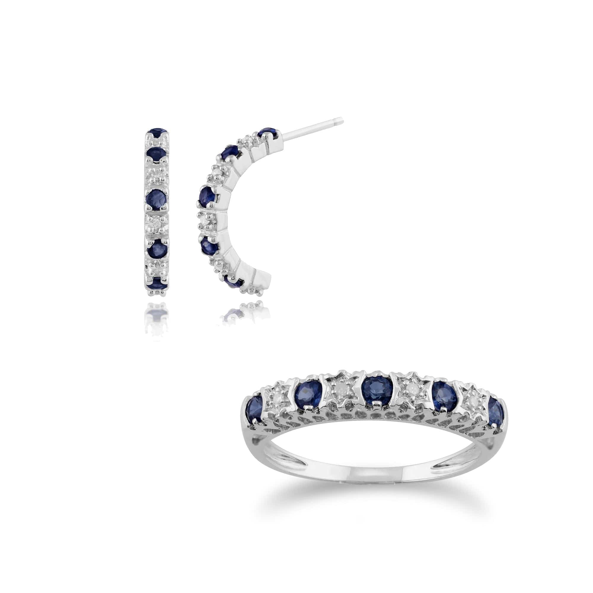 Product photograph of Classic Round Sapphire Diamond Half Hoop Earrings Half Eternity Ring Set In 9ct White Gold from Gemondo Jewellery