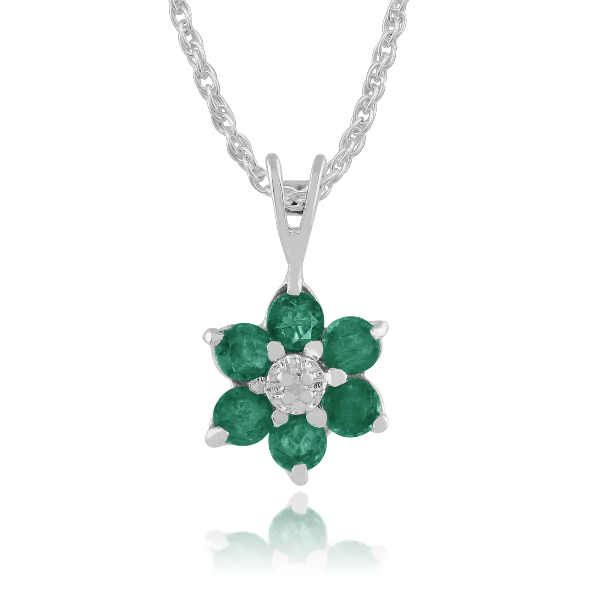 Product photograph of Floral Round Emerald Diamond Cluster Pendant In 9ct White Gold from Gemondo Jewellery
