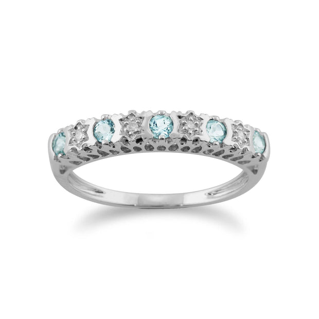 Classic Diamond & Aquamarine Half Eternity Ring In 9ct White Gold